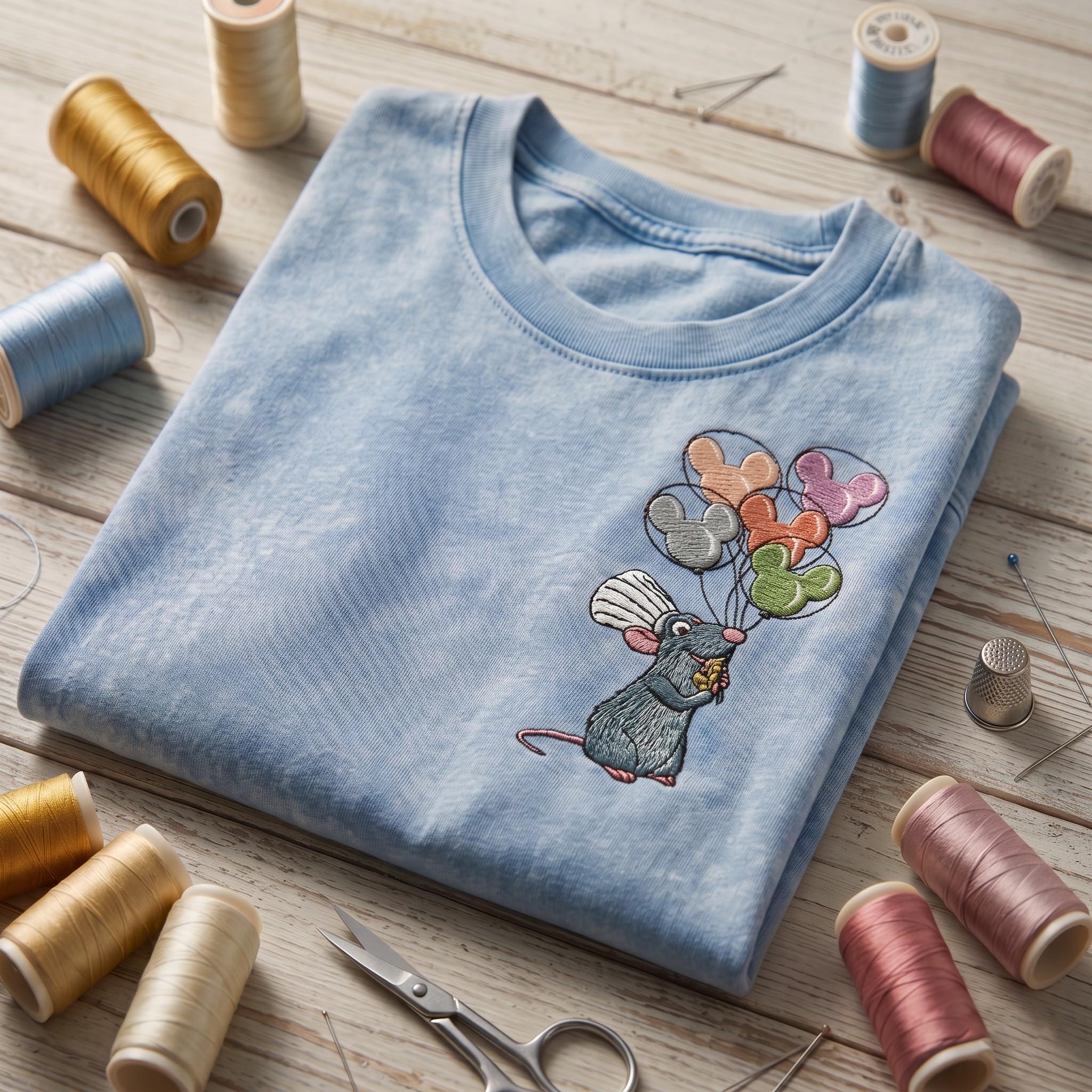 Embroidered Remy Ratatouille Chef Mouse With Mickey Balloons Washed T-Shirt for Disneyland Vacation and Retro Disney Park Outfit - photo 5