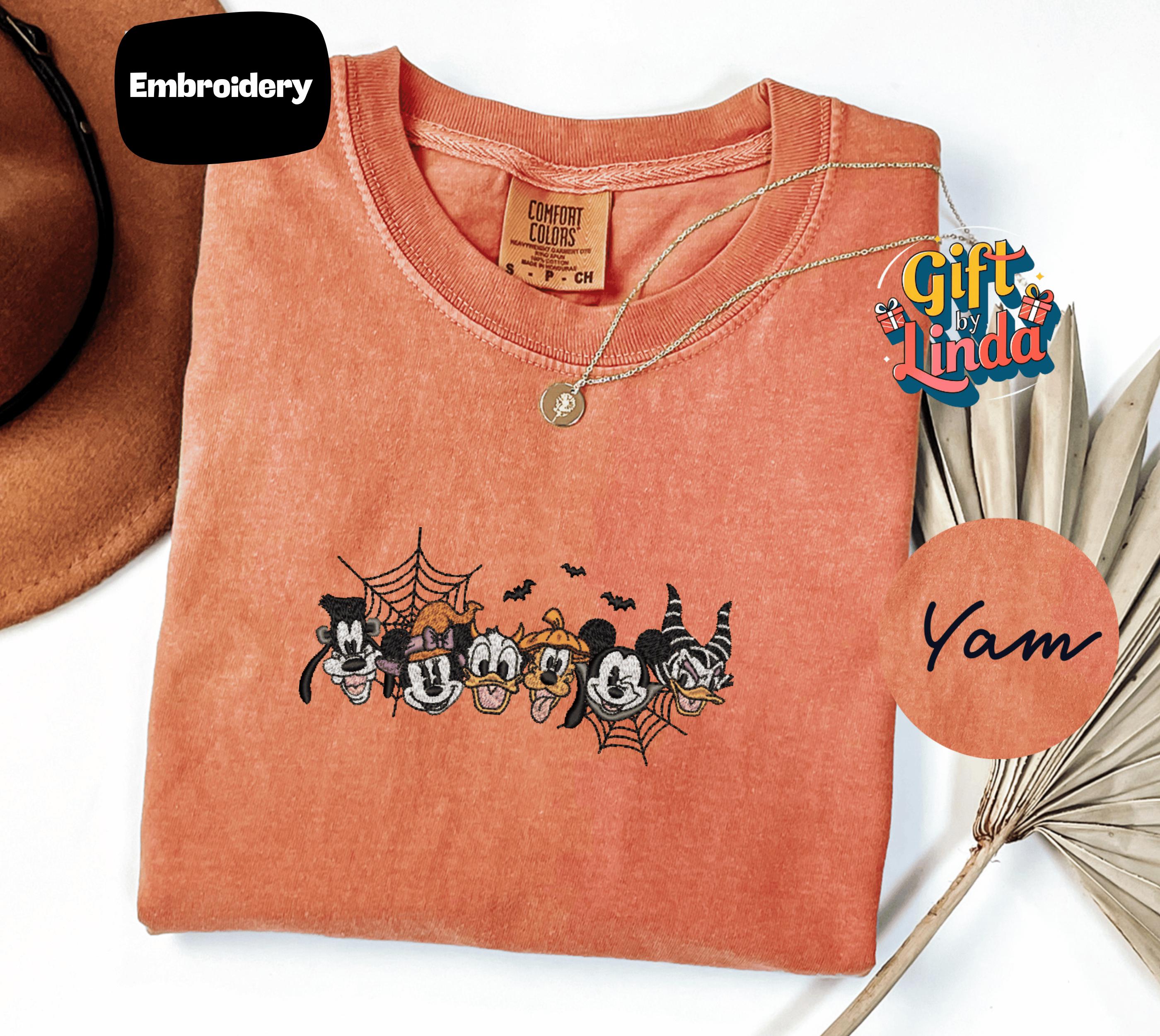 Mickey and Minnie Halloween Embroidered Comfort Colors Tee With Pumpkin Patch for Spooky Fall Family Vacation Gift