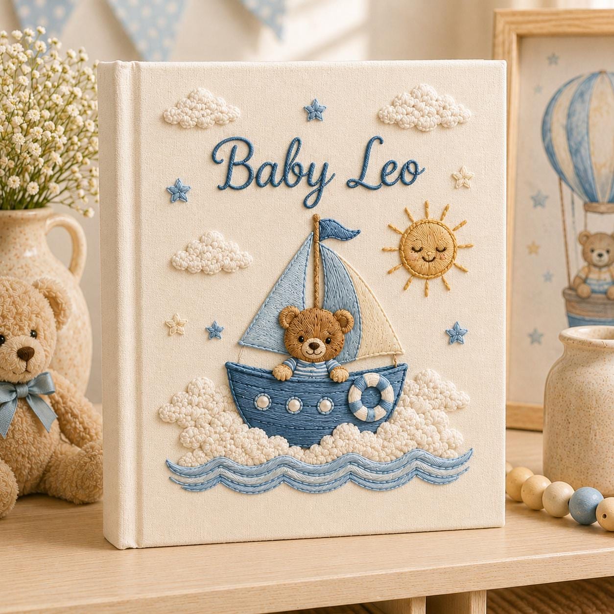 Hand Embroidered Personalized Baby Photo Album With Custom Name Keepsake – Little Animal Memory Book For Boy Girl Baby Shower Gift