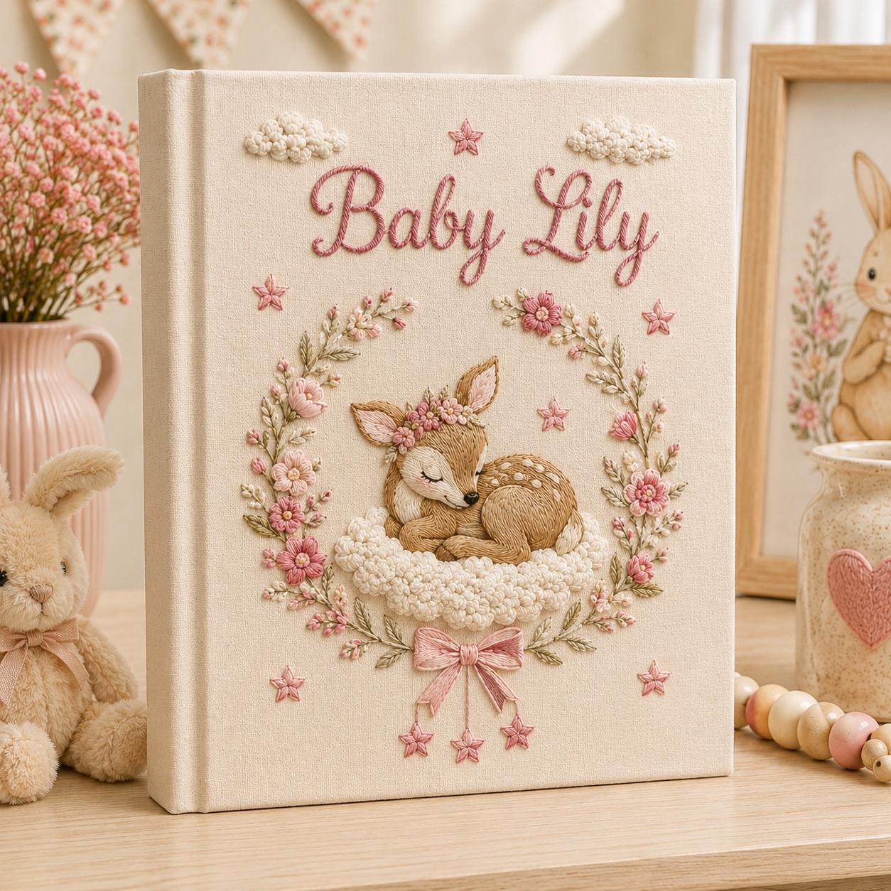 Hand Embroidered Personalized Baby Photo Album With Custom Name Keepsake – Little Animal Memory Book For Boy Girl Baby Shower Gift - photo 2