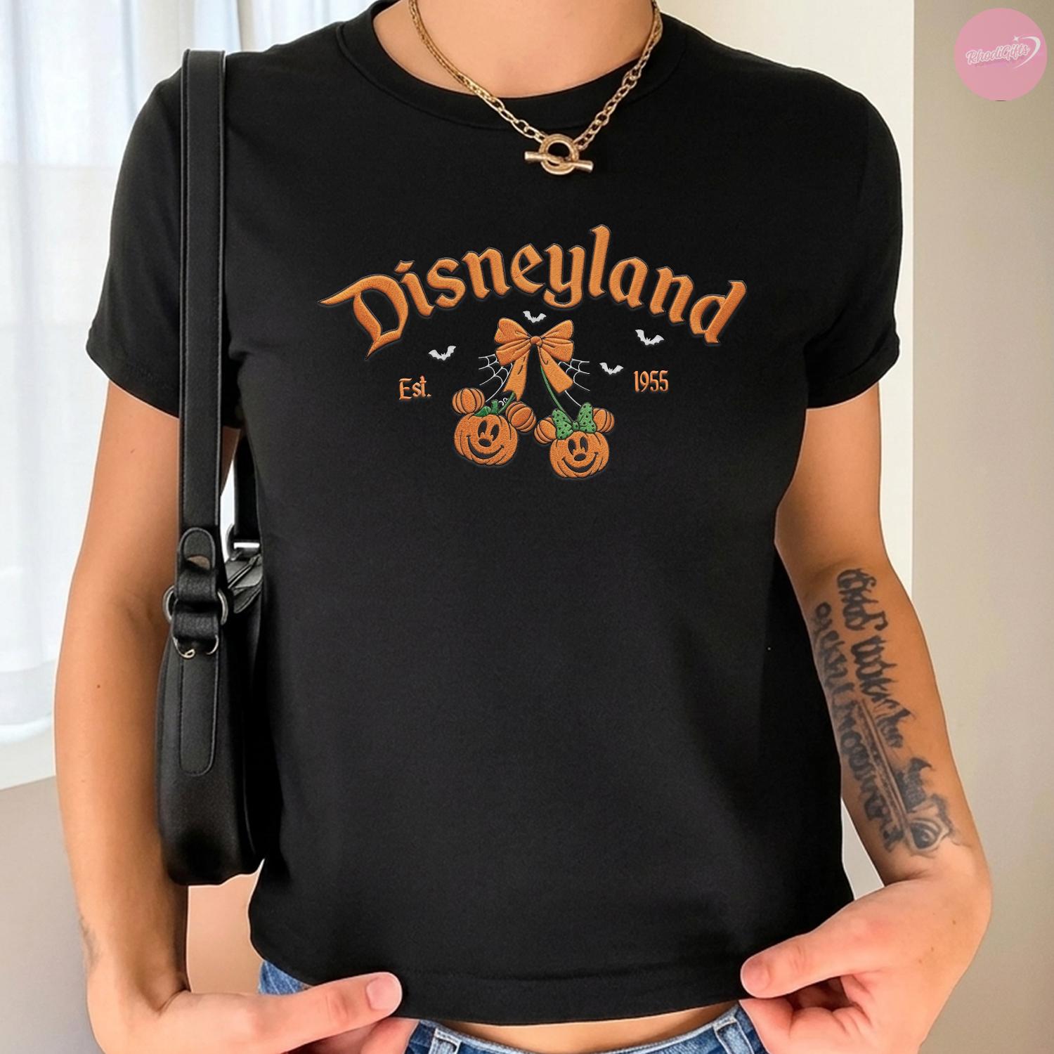 Embroidered Retro Coquette Bow Disneyland Halloween Baby Tee With Mickey Pumpkin for Women's Spooky Disney Vibes - photo 2