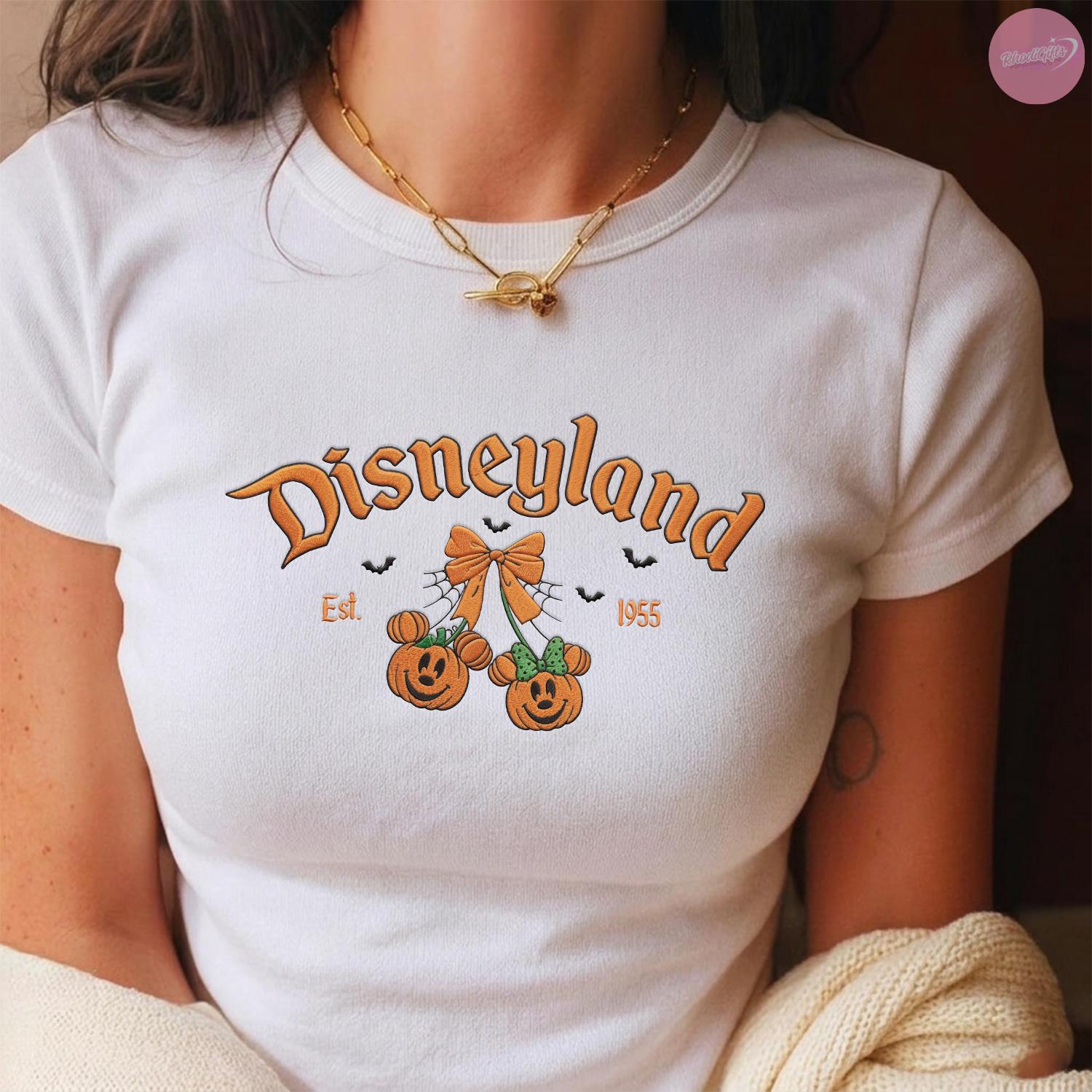 Embroidered Retro Coquette Bow Disneyland Halloween Baby Tee With Mickey Pumpkin for Women's Spooky Disney Vibes - photo 3
