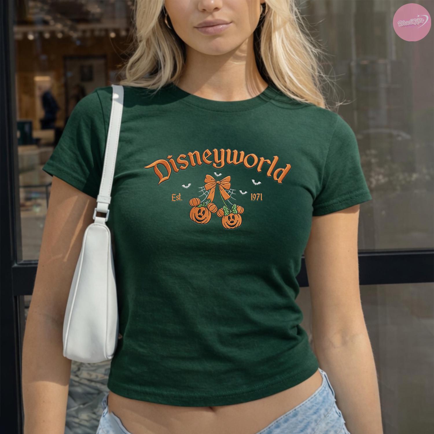 Embroidered Retro Coquette Bow Disneyland Halloween Baby Tee With Mickey Pumpkin for Women's Spooky Disney Vibes - photo 5