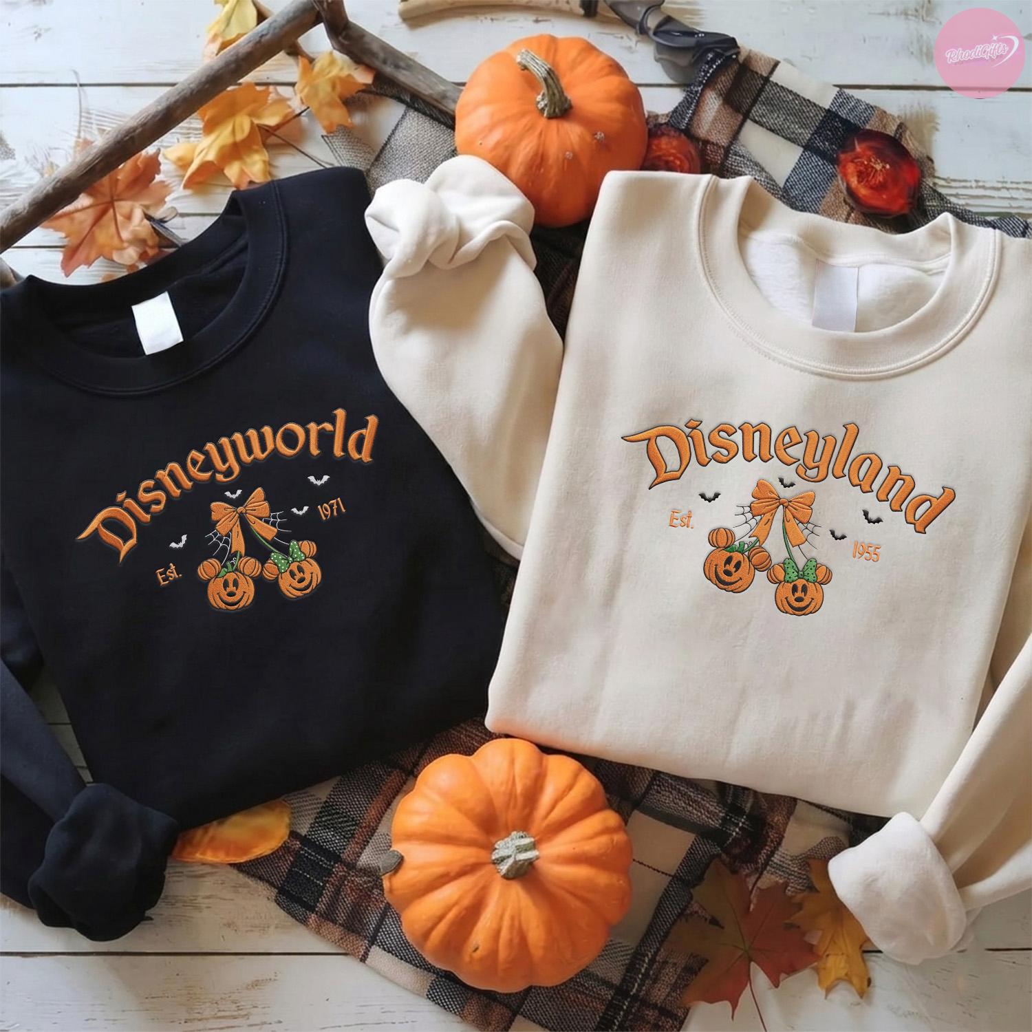 Embroidered Retro Coquette Bow Disneyland Halloween Baby Tee With Mickey Pumpkin for Women's Spooky Disney Vibes - photo 6