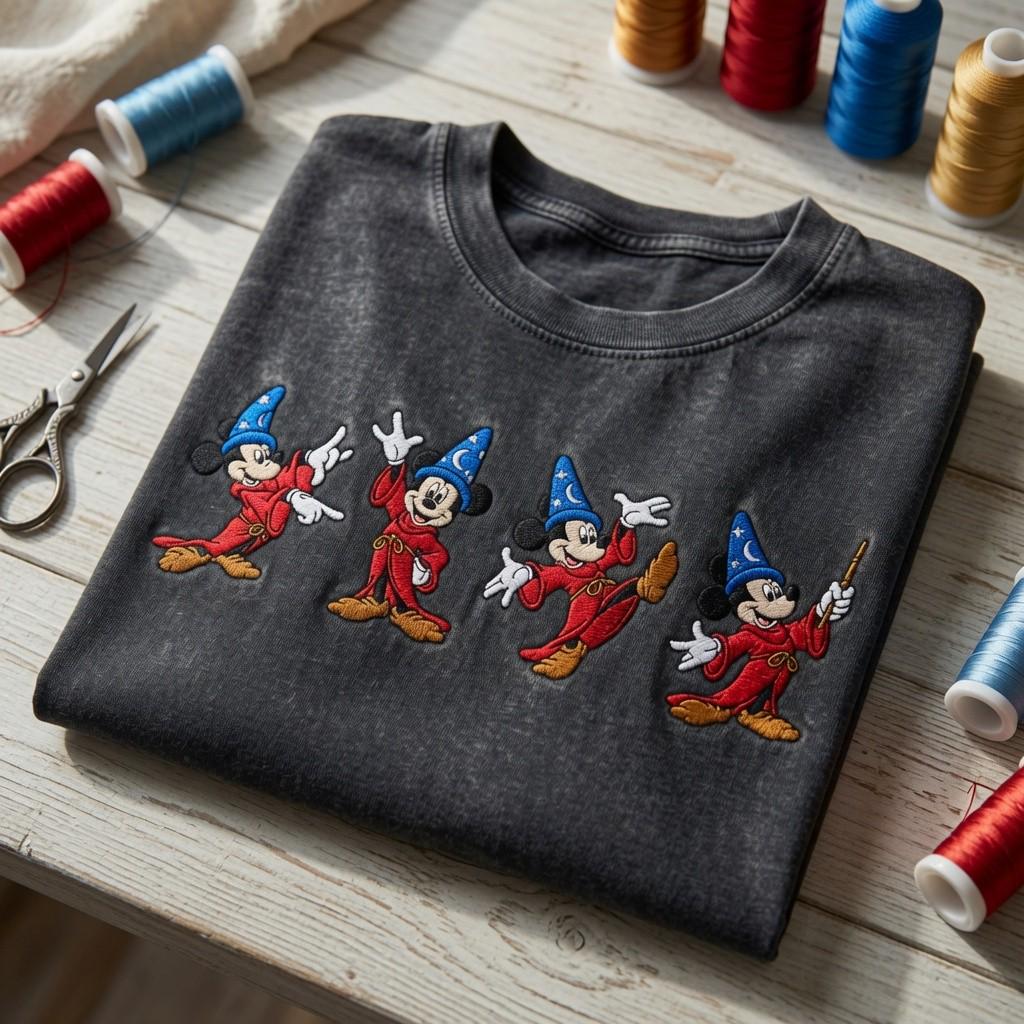 Sorcerer Mickey Fantasia Embroidered Washed Tee With Vintage Magic Wizard Mouse for Disneyland Vacation and Retro Disney Park Outfit