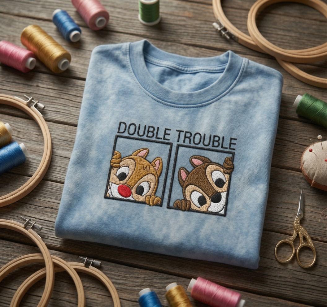 Chip N Dale Double Trouble Embroidered Washed Tee With Cute Vintage Chipmunks for Disneyland Vacation and Retro Disney Park Outfit