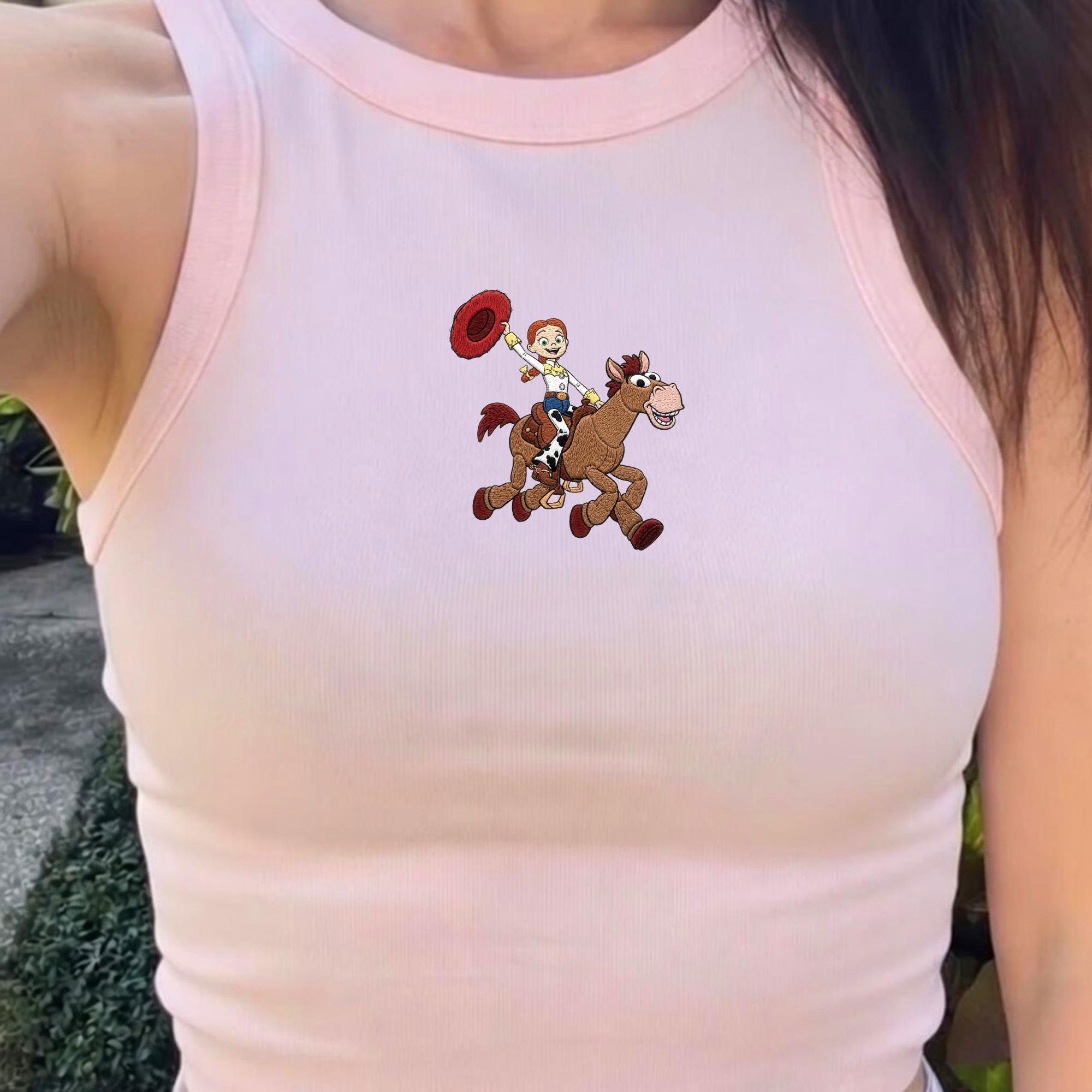 Embroidered Jessie And Bullseye Toy Story Tank Top – Cute Cowgirl Embroidery Baby Tee For Family Vacation Shirt