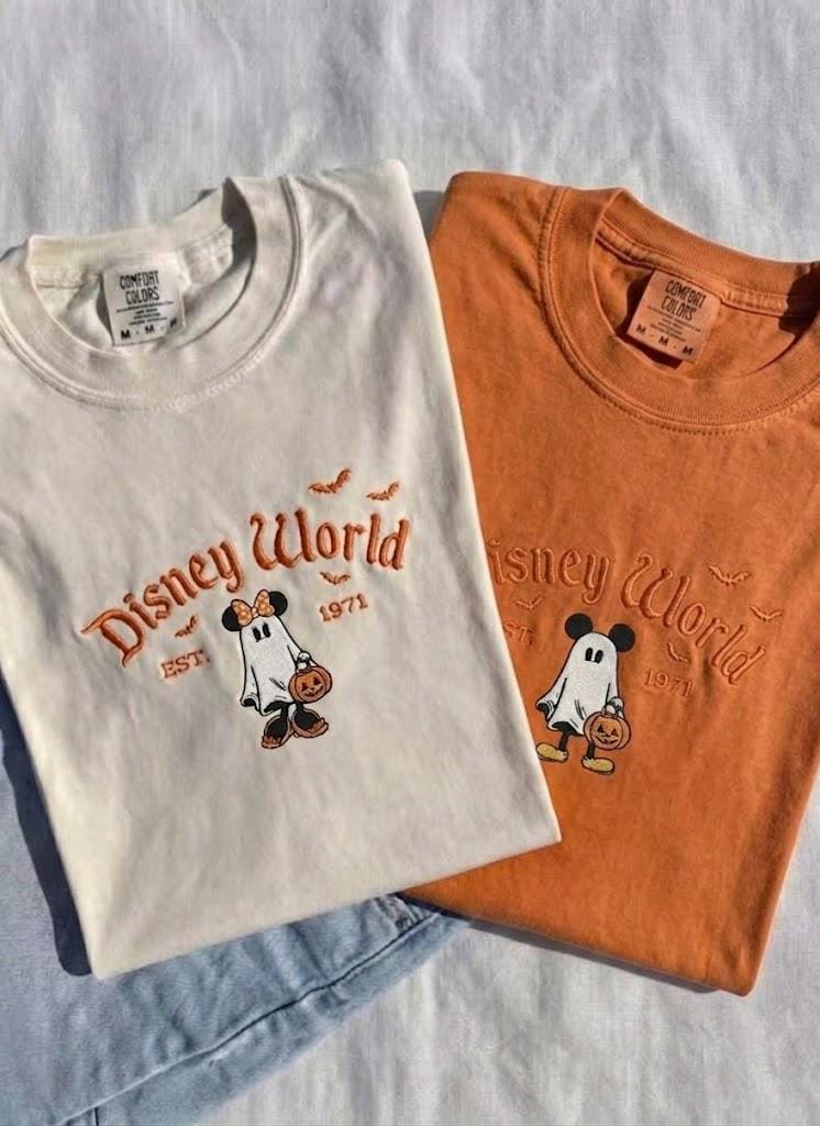 Disney Halloween Embroidered Mickey and Minnie Mouse Comfort Colors Tee for Family Matching Couple Spooky Season Outfit