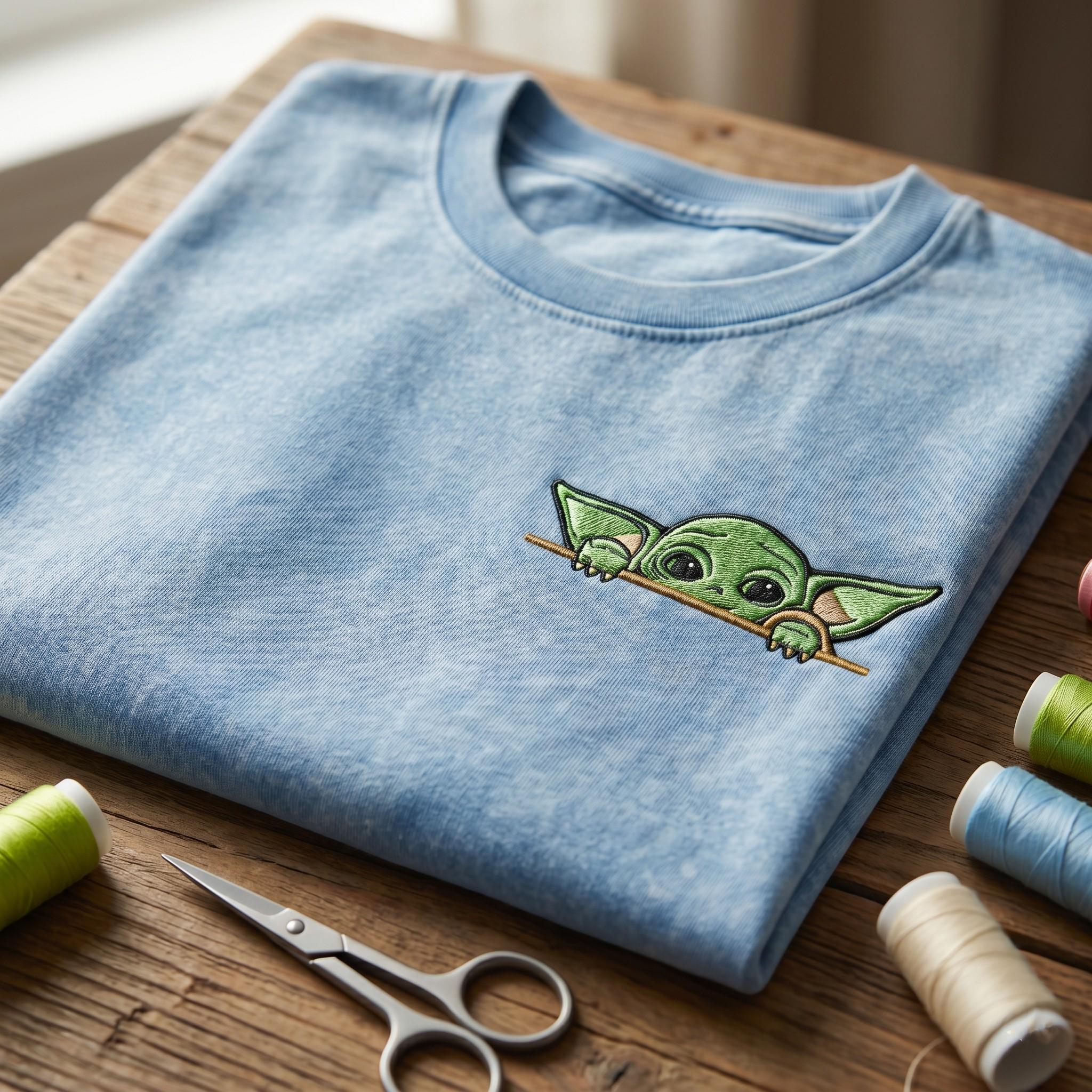 Peeking Grogu Embroidered Washed Tee With Cute Baby Yoda Star Wars for Vintage Disneyland Vacation and Retro Disney Park Outfit - photo 3