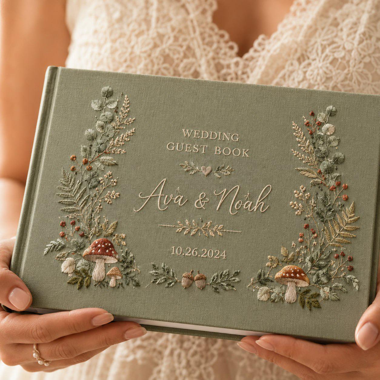 Personalized Handmade Wedding Guest Book And Embroidered Linen Guestbook, Woodland Mushroom Floral Album, Custom Bride Groom Keepsake