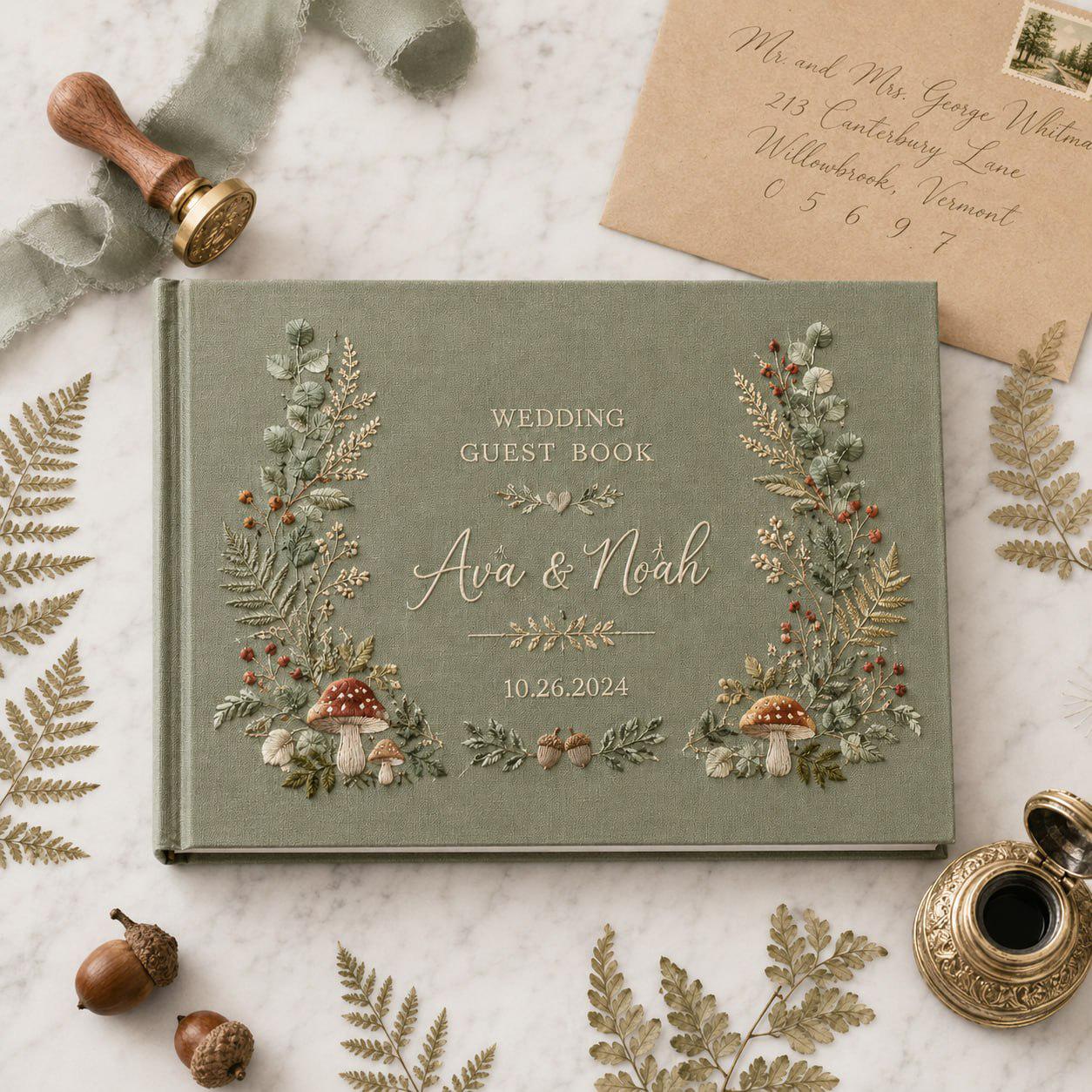 Personalized Handmade Wedding Guest Book And Embroidered Linen Guestbook, Woodland Mushroom Floral Album, Custom Bride Groom Keepsake - photo 2