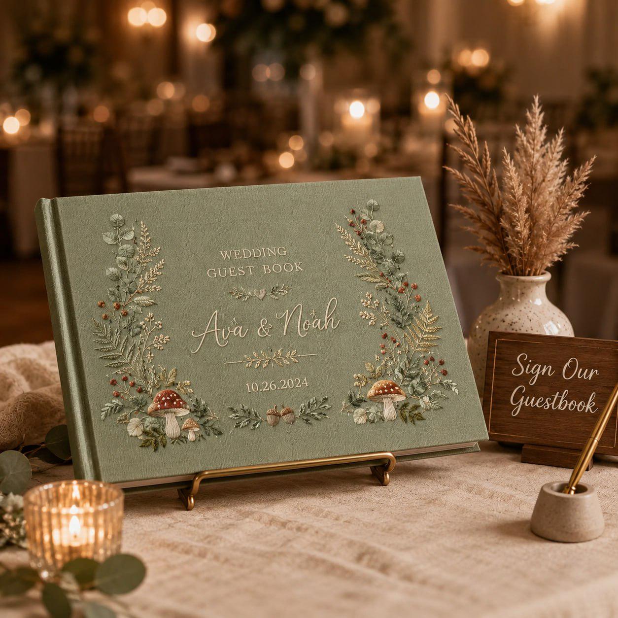 Personalized Handmade Wedding Guest Book And Embroidered Linen Guestbook, Woodland Mushroom Floral Album, Custom Bride Groom Keepsake - photo 3