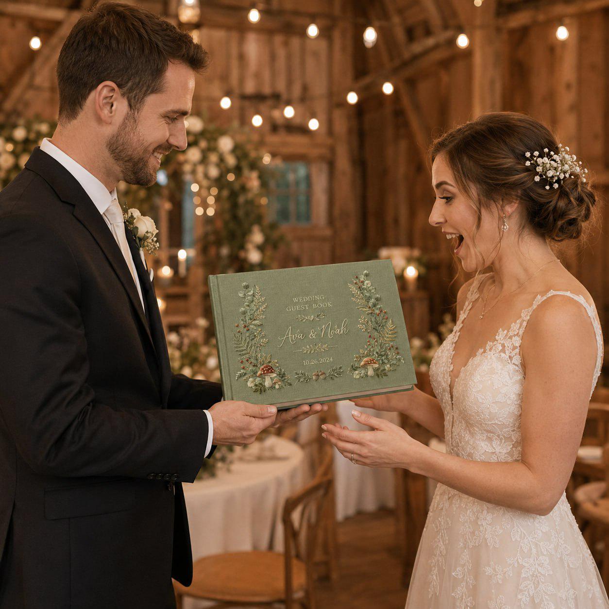 Personalized Handmade Wedding Guest Book And Embroidered Linen Guestbook, Woodland Mushroom Floral Album, Custom Bride Groom Keepsake - photo 10