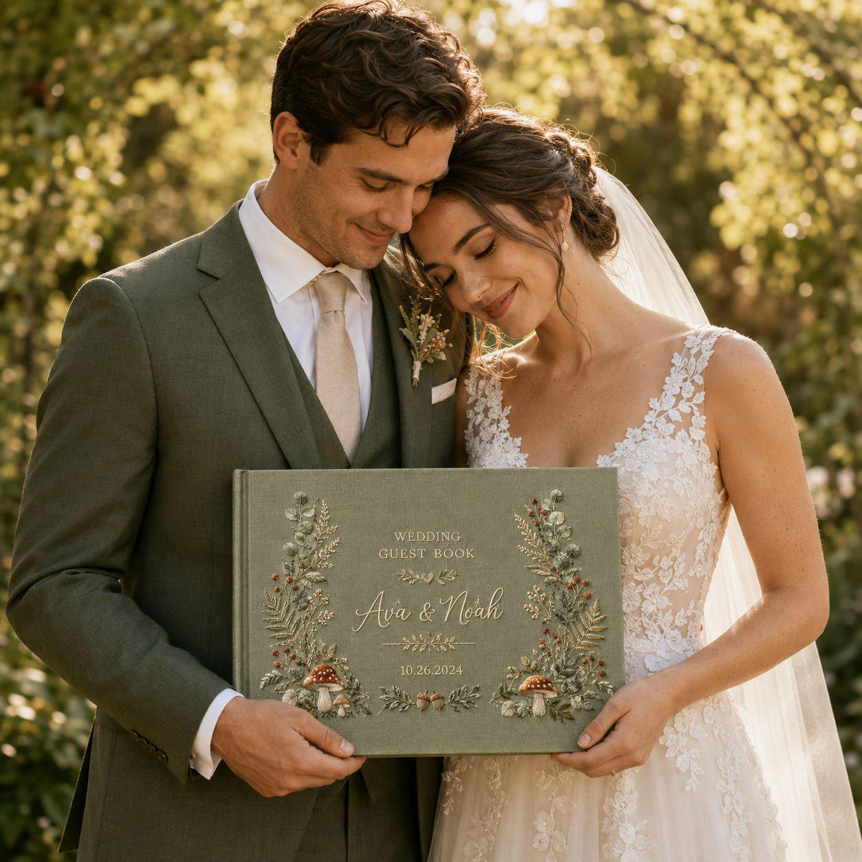 Personalized Handmade Wedding Guest Book And Embroidered Linen Guestbook, Woodland Mushroom Floral Album, Custom Bride Groom Keepsake - photo 11