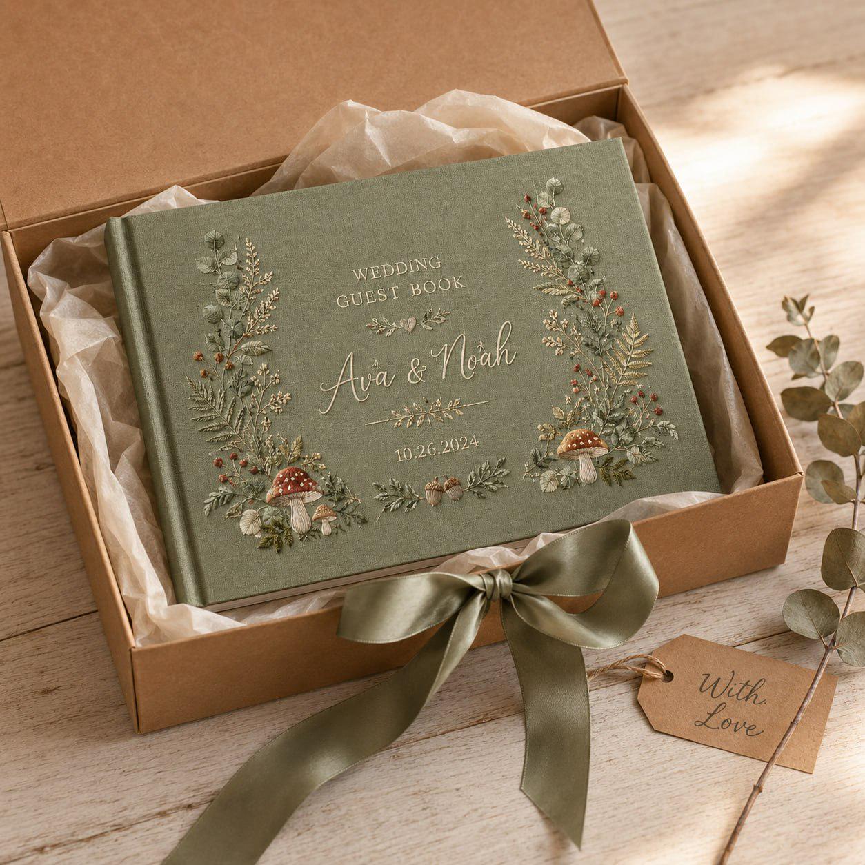 Personalized Handmade Wedding Guest Book And Embroidered Linen Guestbook, Woodland Mushroom Floral Album, Custom Bride Groom Keepsake - photo 12