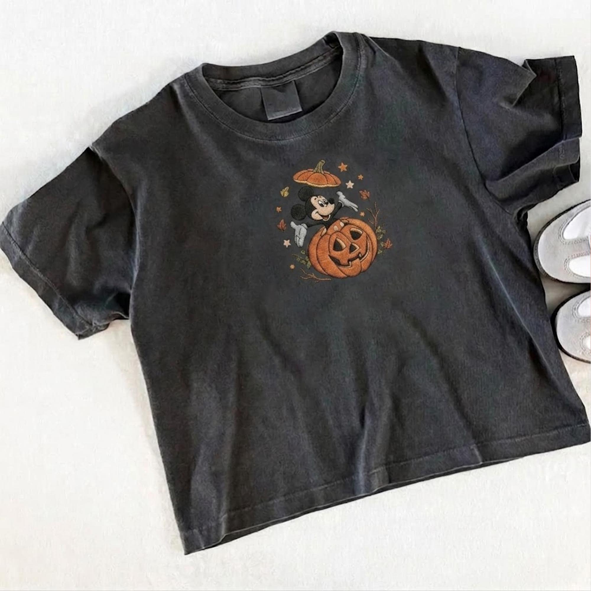 Embroidered Mickey and Friends Autumn Pumpkin Crop Boxy Tee With Fall Vibes for Disney Halloween Trip Shirt