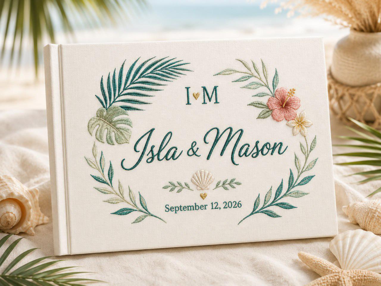 Personalized Handmade Beach Wedding Guest Book And Embroidered Linen Guestbook, Coastal Memory Album, Bride Groom Keepsake Gift