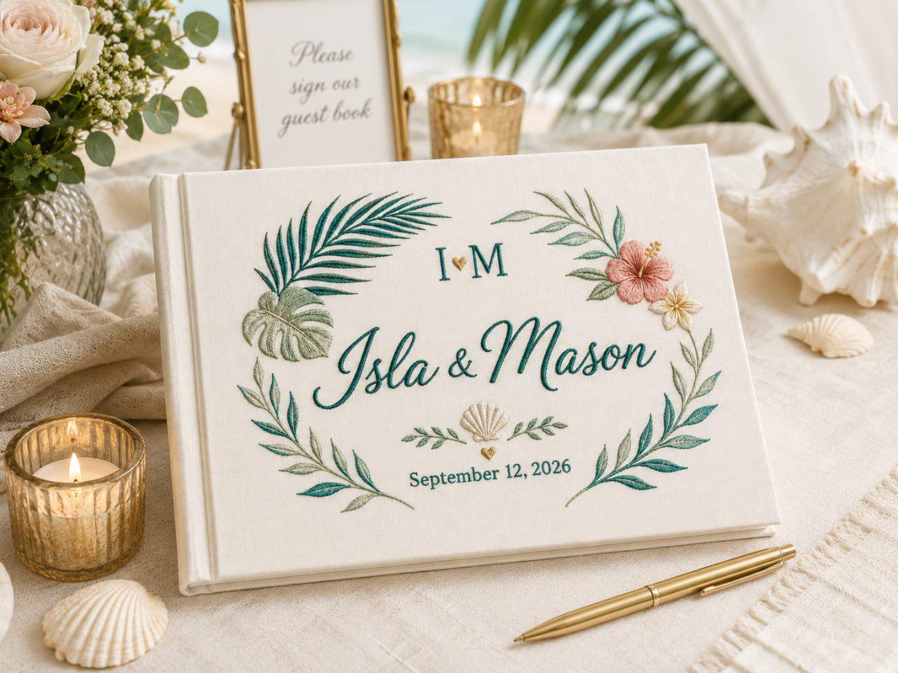 Personalized Handmade Beach Wedding Guest Book And Embroidered Linen Guestbook, Coastal Memory Album, Bride Groom Keepsake Gift - photo 2