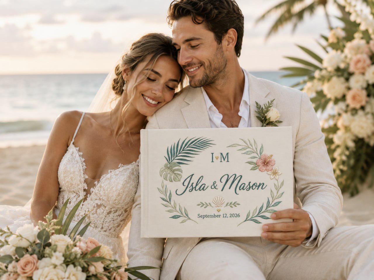 Personalized Handmade Beach Wedding Guest Book And Embroidered Linen Guestbook, Coastal Memory Album, Bride Groom Keepsake Gift - photo 8