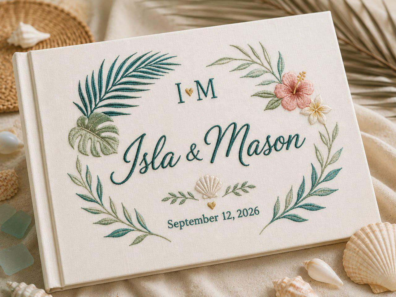 Personalized Handmade Beach Wedding Guest Book And Embroidered Linen Guestbook, Coastal Memory Album, Bride Groom Keepsake Gift - photo 9