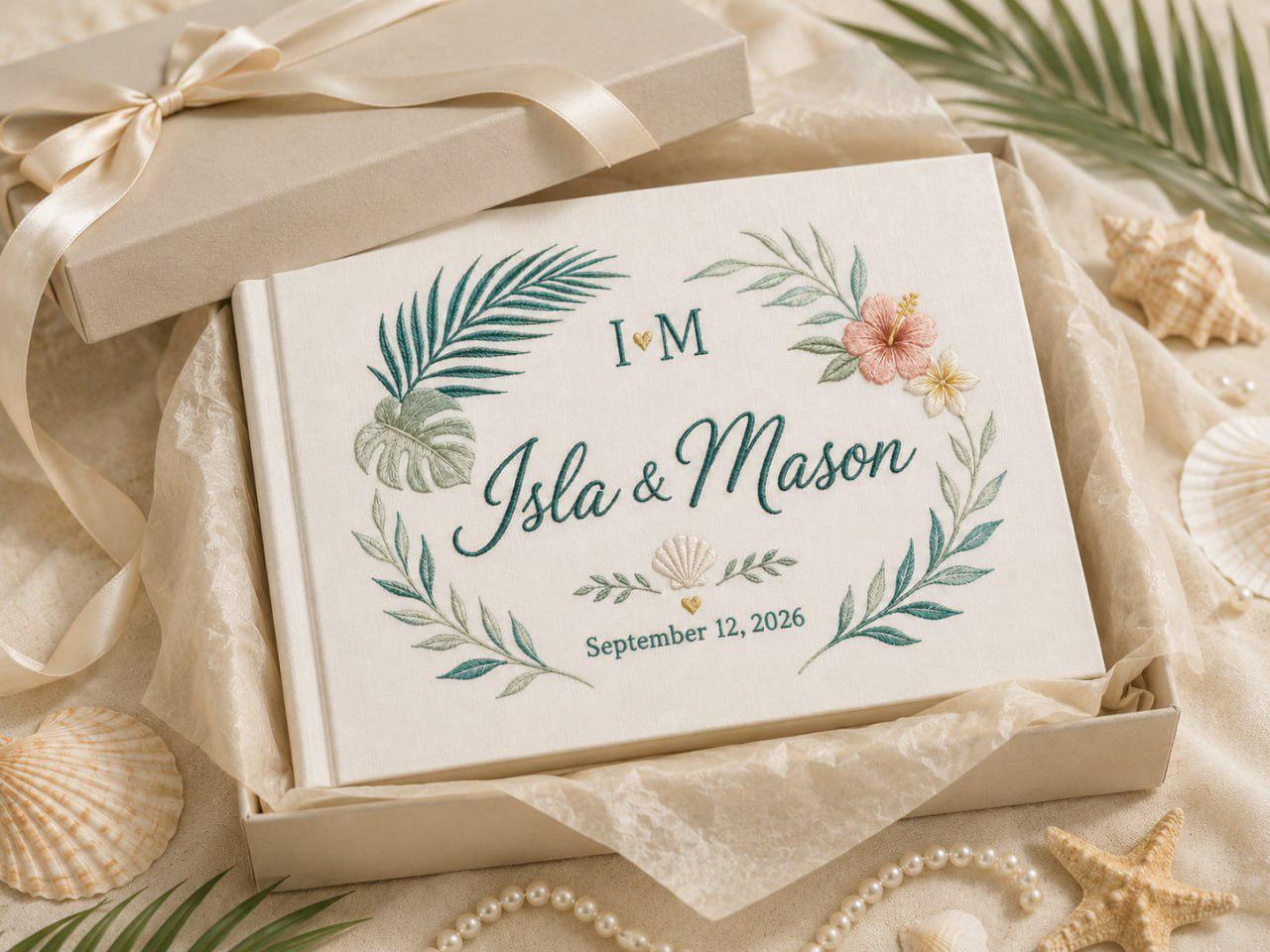 Personalized Handmade Beach Wedding Guest Book And Embroidered Linen Guestbook, Coastal Memory Album, Bride Groom Keepsake Gift - photo 10
