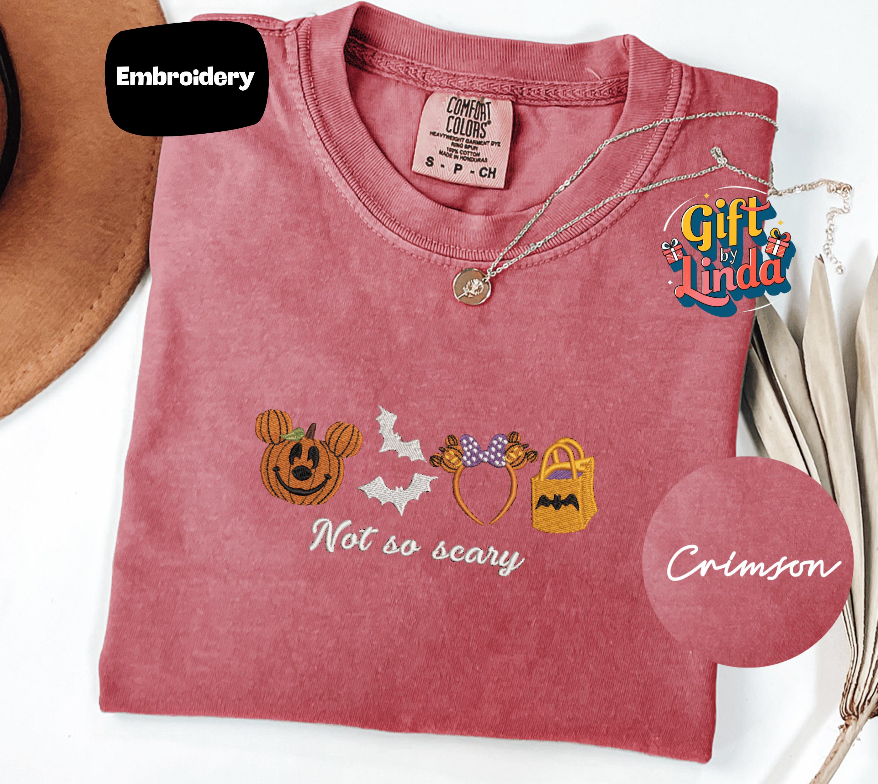 Embroidered Halloween Not So Scary Mickey Pumpkin Tee With Bat Mouse Ears and Trick Bag for Spooky Cute Fall Outfit