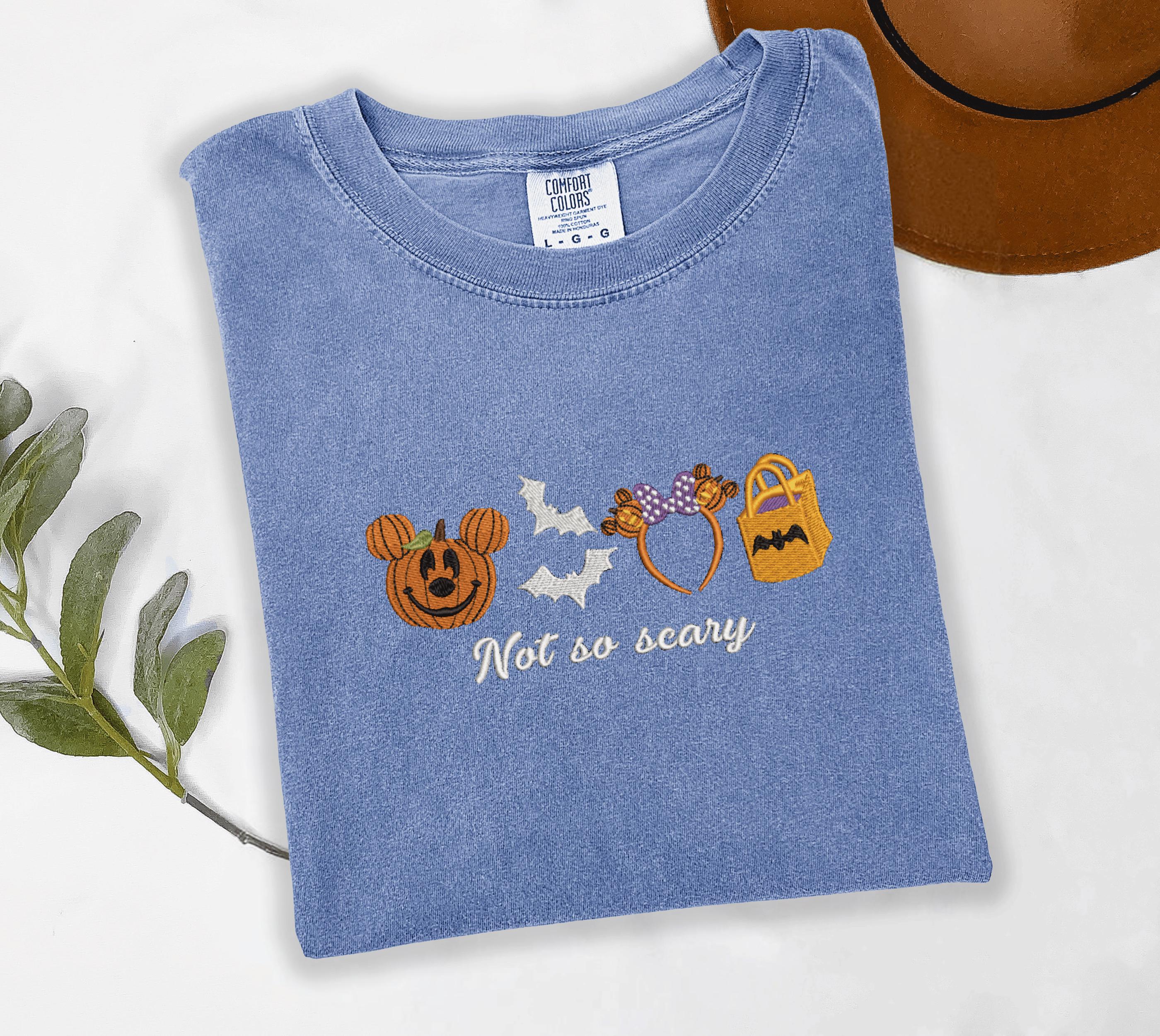 Embroidered Halloween Not So Scary Mickey Pumpkin Tee With Bat Mouse Ears and Trick Bag for Spooky Cute Fall Outfit - photo 2