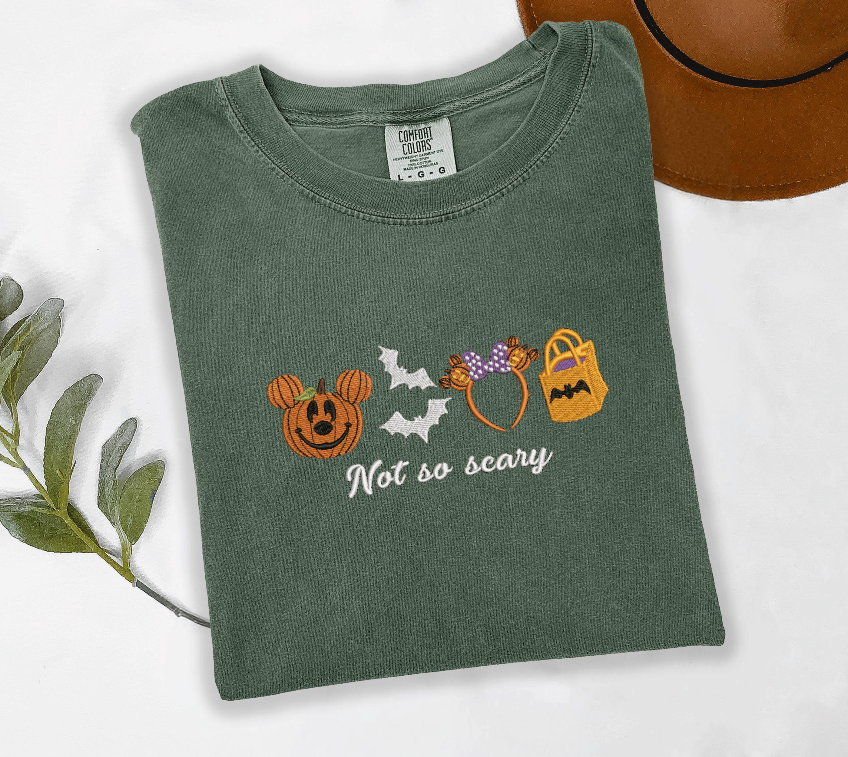 Embroidered Halloween Not So Scary Mickey Pumpkin Tee With Bat Mouse Ears and Trick Bag for Spooky Cute Fall Outfit - photo 3