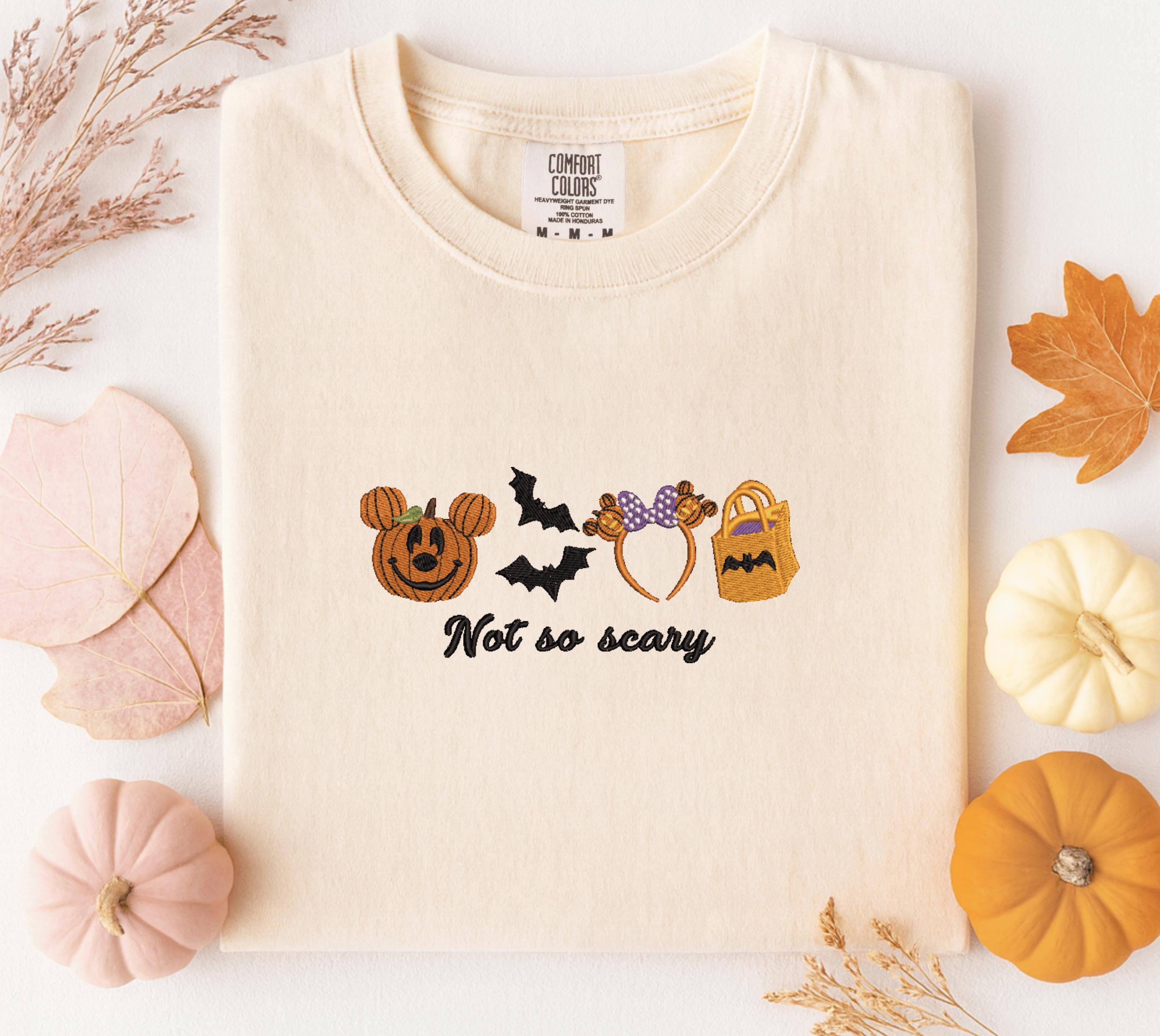 Embroidered Halloween Not So Scary Mickey Pumpkin Tee With Bat Mouse Ears and Trick Bag for Spooky Cute Fall Outfit - photo 4