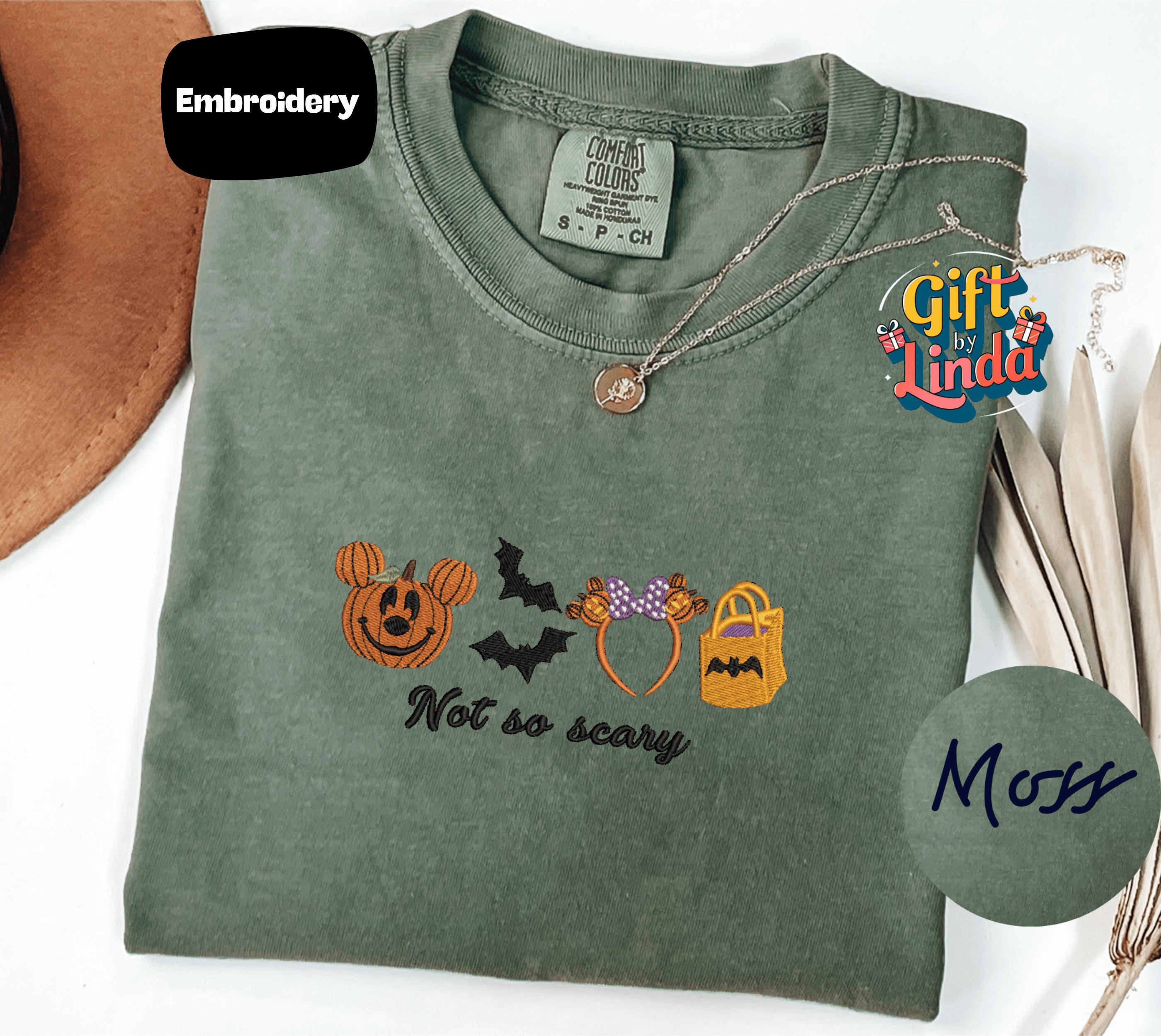 Embroidered Halloween Not So Scary Mickey Pumpkin Tee With Bat Mouse Ears and Trick Bag for Spooky Cute Fall Outfit - photo 5
