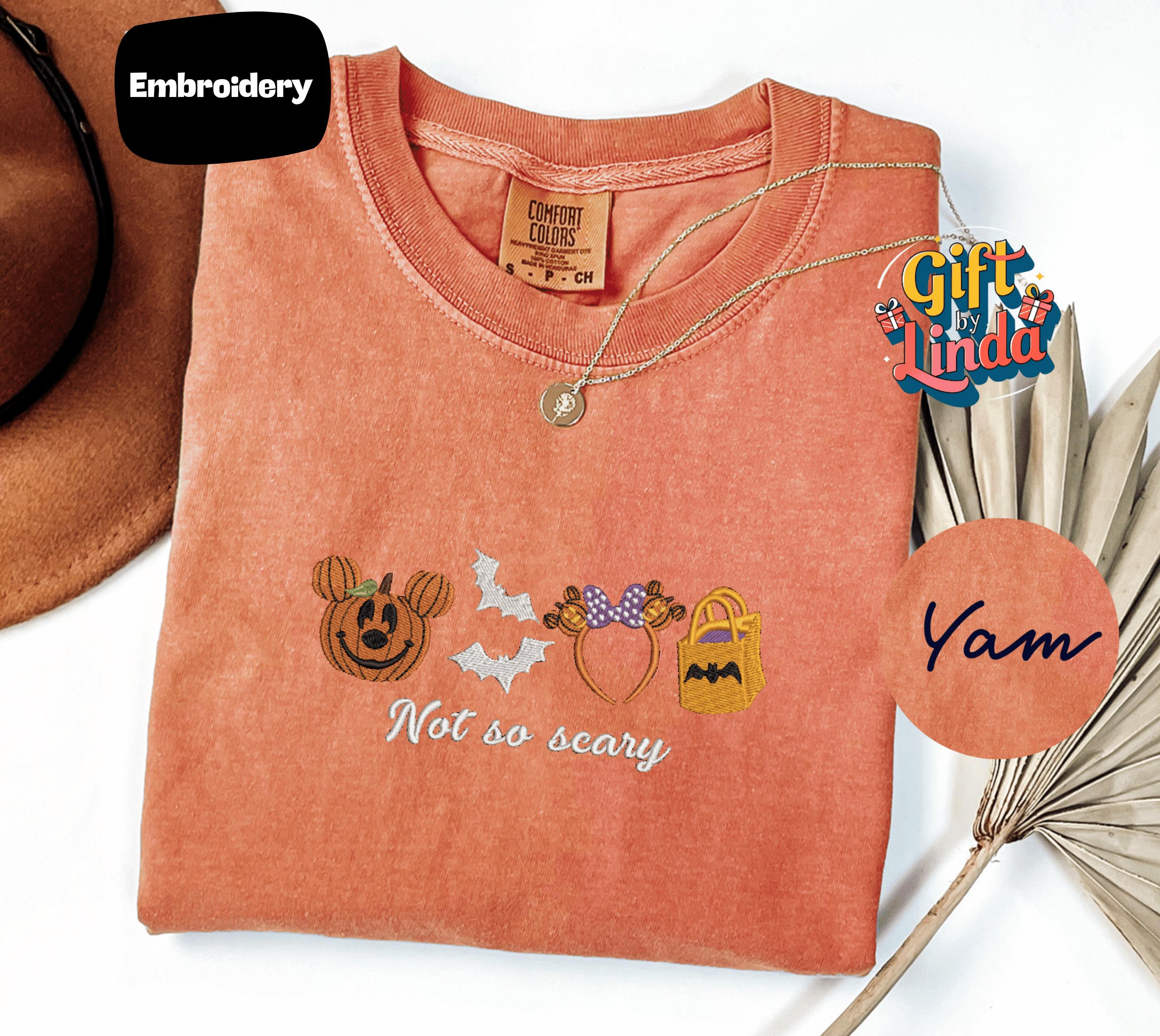 Embroidered Halloween Not So Scary Mickey Pumpkin Tee With Bat Mouse Ears and Trick Bag for Spooky Cute Fall Outfit - photo 6
