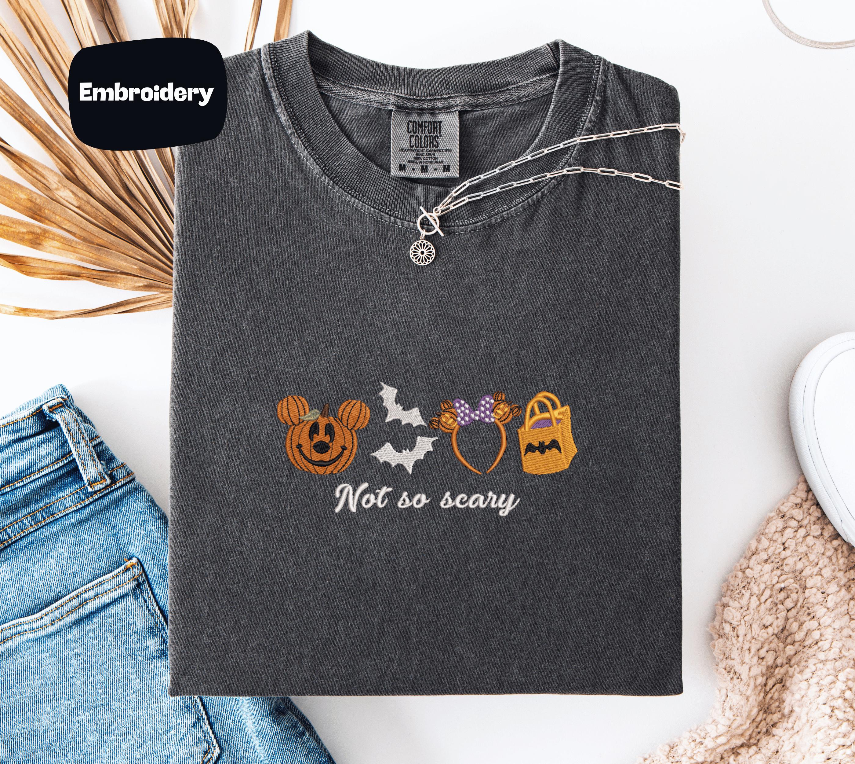 Embroidered Halloween Not So Scary Mickey Pumpkin Tee With Bat Mouse Ears and Trick Bag for Spooky Cute Fall Outfit - photo 8