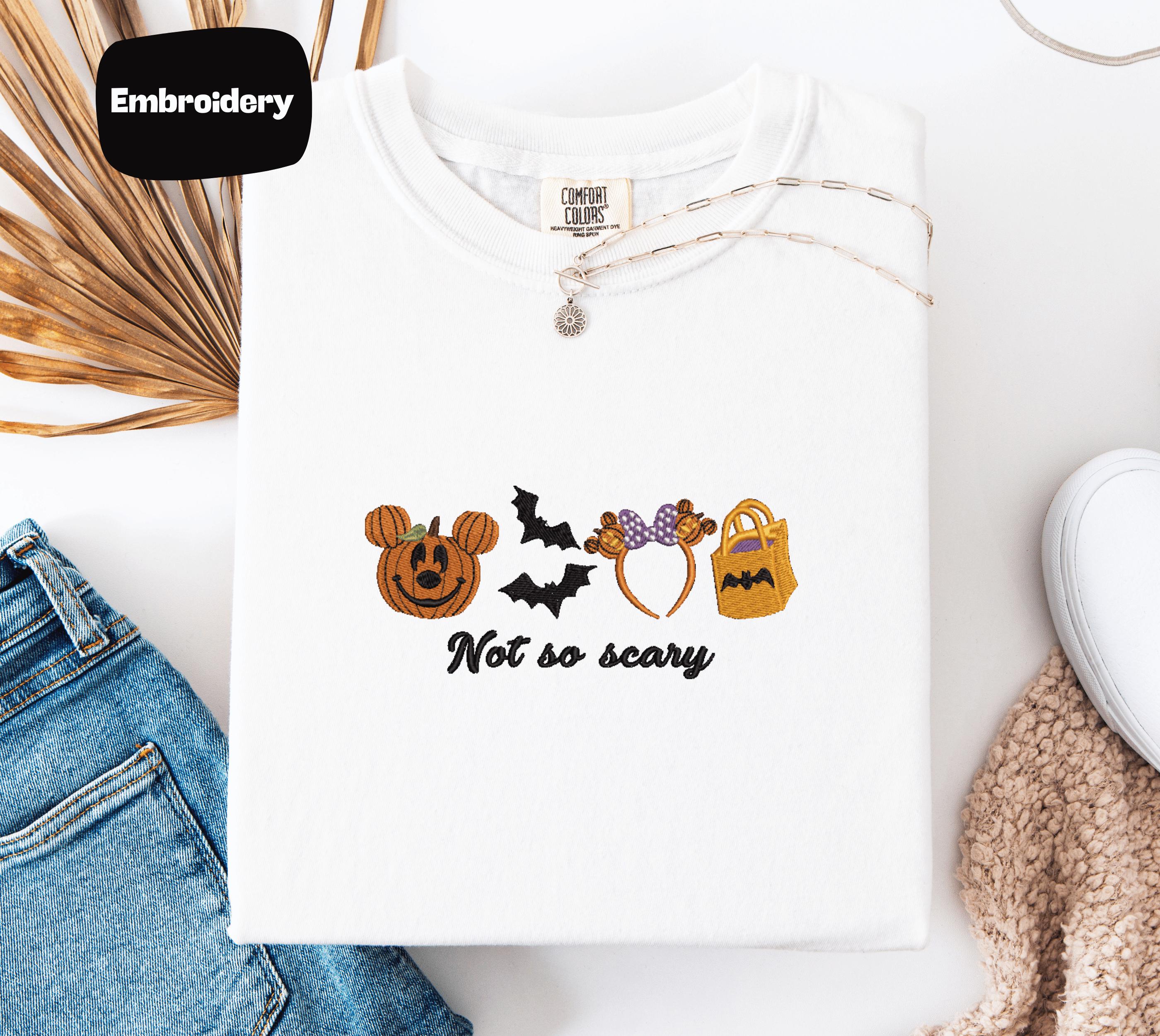 Embroidered Halloween Not So Scary Mickey Pumpkin Tee With Bat Mouse Ears and Trick Bag for Spooky Cute Fall Outfit - photo 9