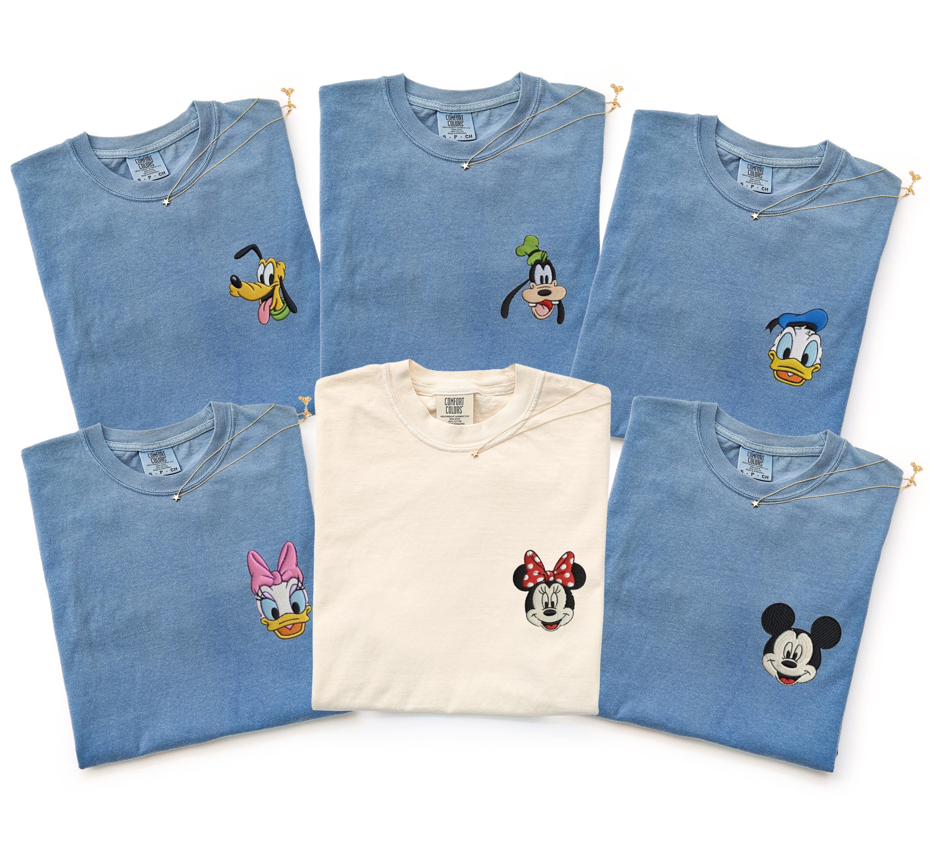 Comfort Colors Mickey and Friends Character Embroidered Shirt With Minnie Donald Daisy Goofy and Pluto for Family Tee
