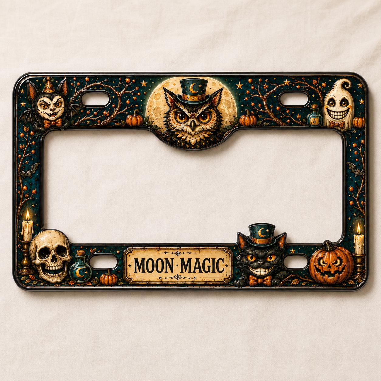 Black Cat Night of Magic Halloween License Plate Frame – Witchy Pumpkin Car Tag Frame and Spooky Auto Decor Accessory Gift