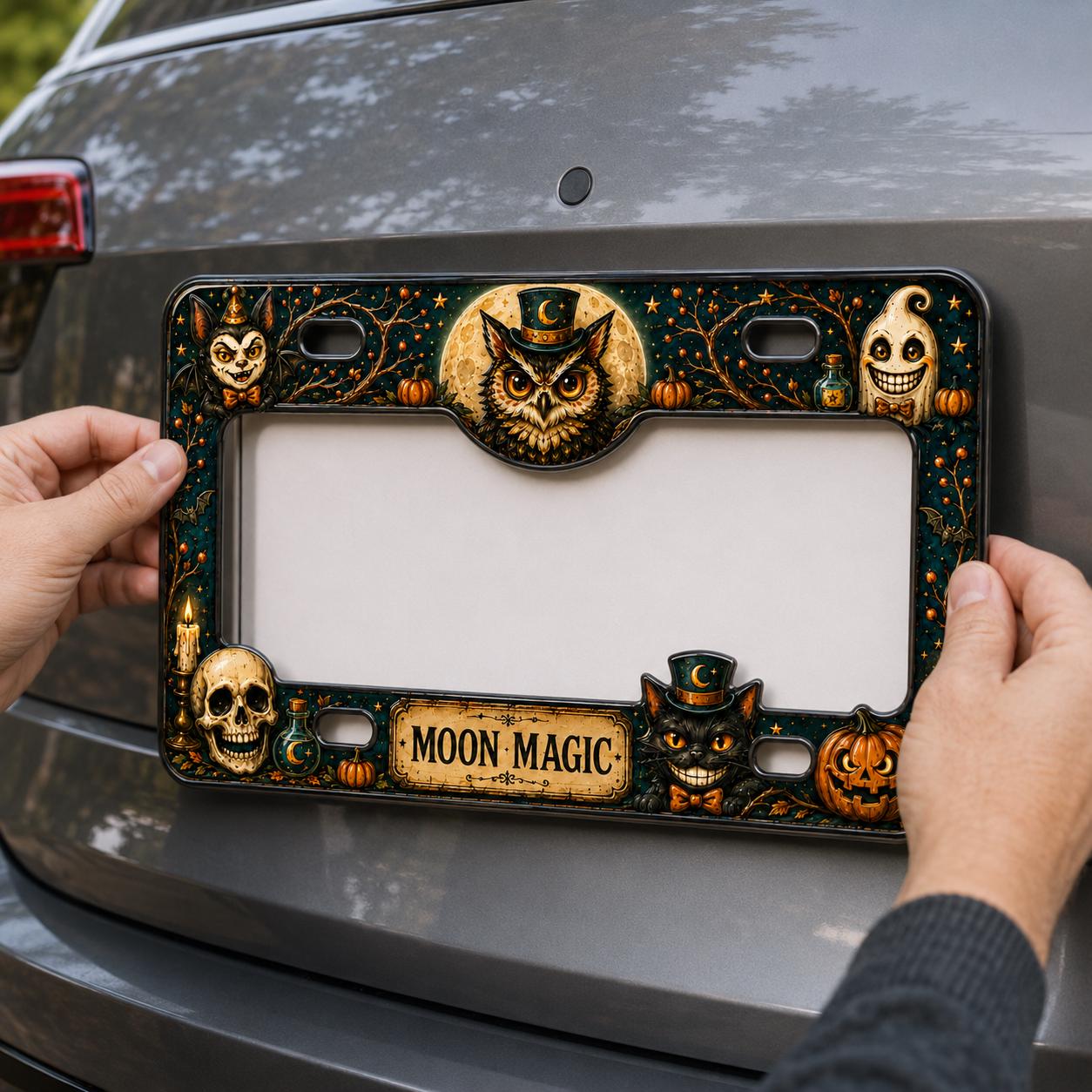 Black Cat Night of Magic Halloween License Plate Frame – Witchy Pumpkin Car Tag Frame and Spooky Auto Decor Accessory Gift - photo 3