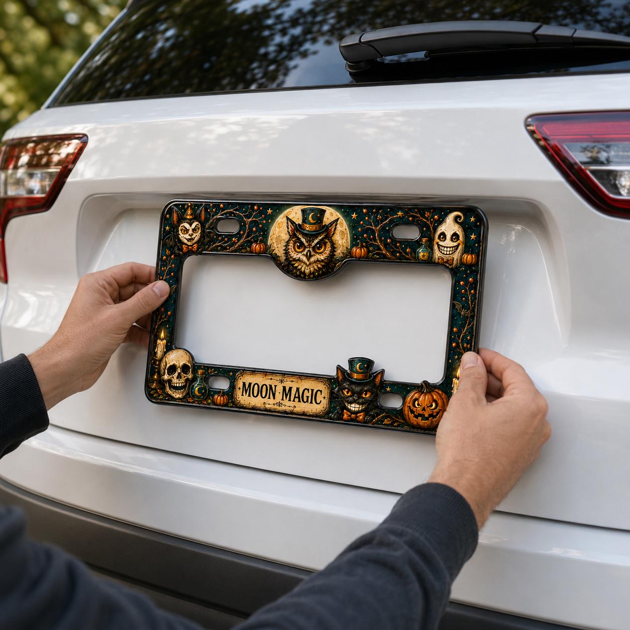Black Cat Night of Magic Halloween License Plate Frame – Witchy Pumpkin Car Tag Frame and Spooky Auto Decor Accessory Gift - photo 4
