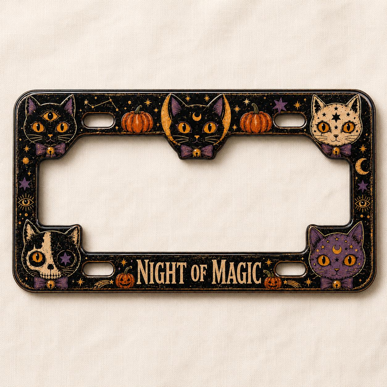 Personalized Halloween License Plate Frame with Vintage Pumpkin, Cat, Owl, and Ghost – Spooky Car Tag Holder Auto Accessory Gift