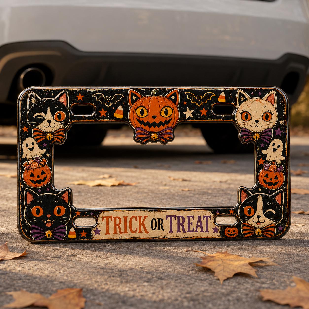 Personalized Halloween License Plate Frame with Vintage Pumpkin, Cat, Owl, and Ghost – Spooky Car Tag Holder Auto Accessory Gift - photo 2