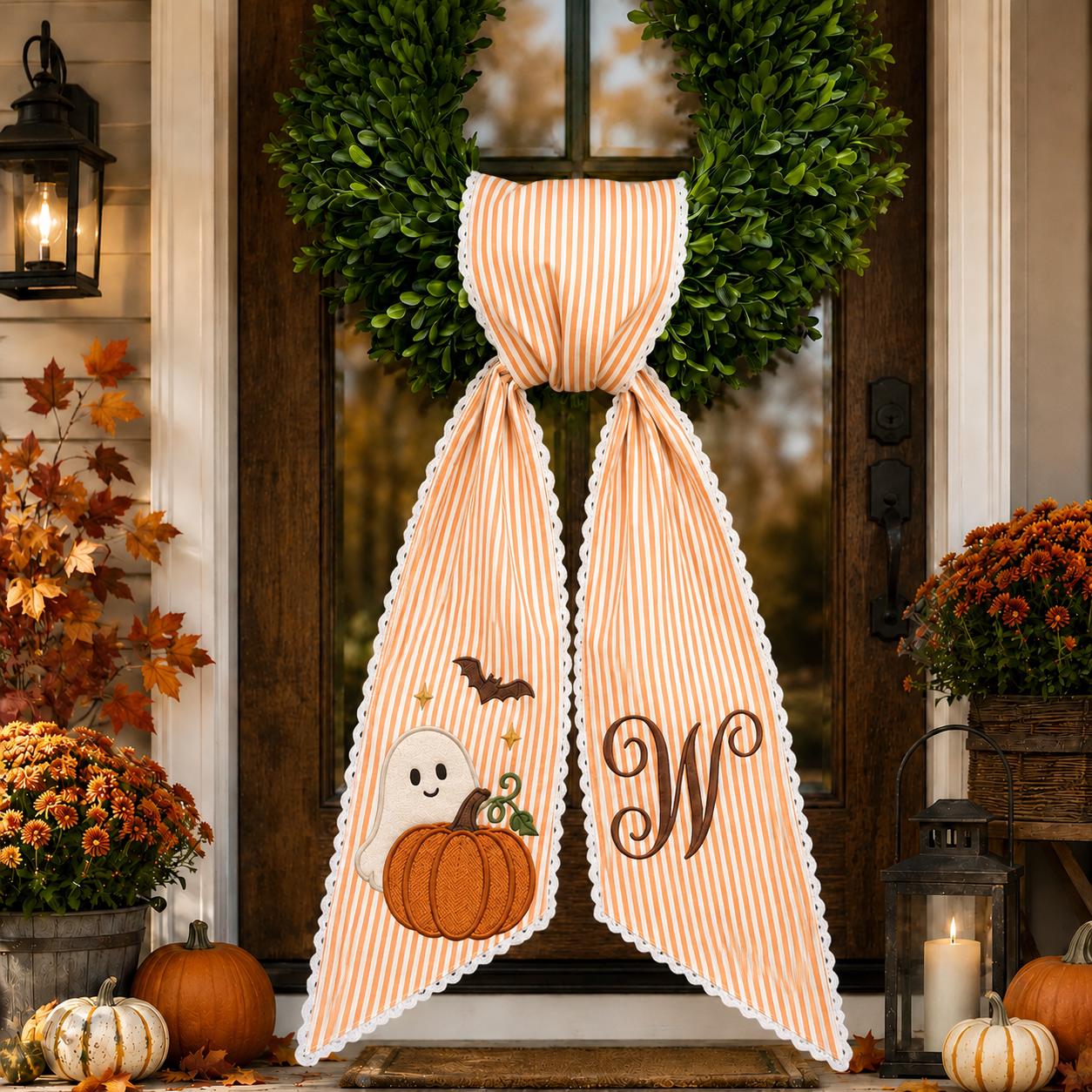 Personalized Custom Monogram Ghost and Pumpkin Wreath Sash โ Embroidered Halloween Stripe Door Bow for Spooky Front Door Decor