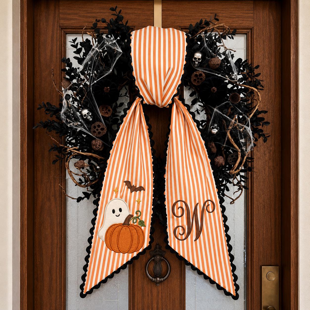 Personalized Custom Monogram Ghost and Pumpkin Wreath Sash – Embroidered Halloween Stripe Door Bow for Spooky Front Door Decor - photo 2