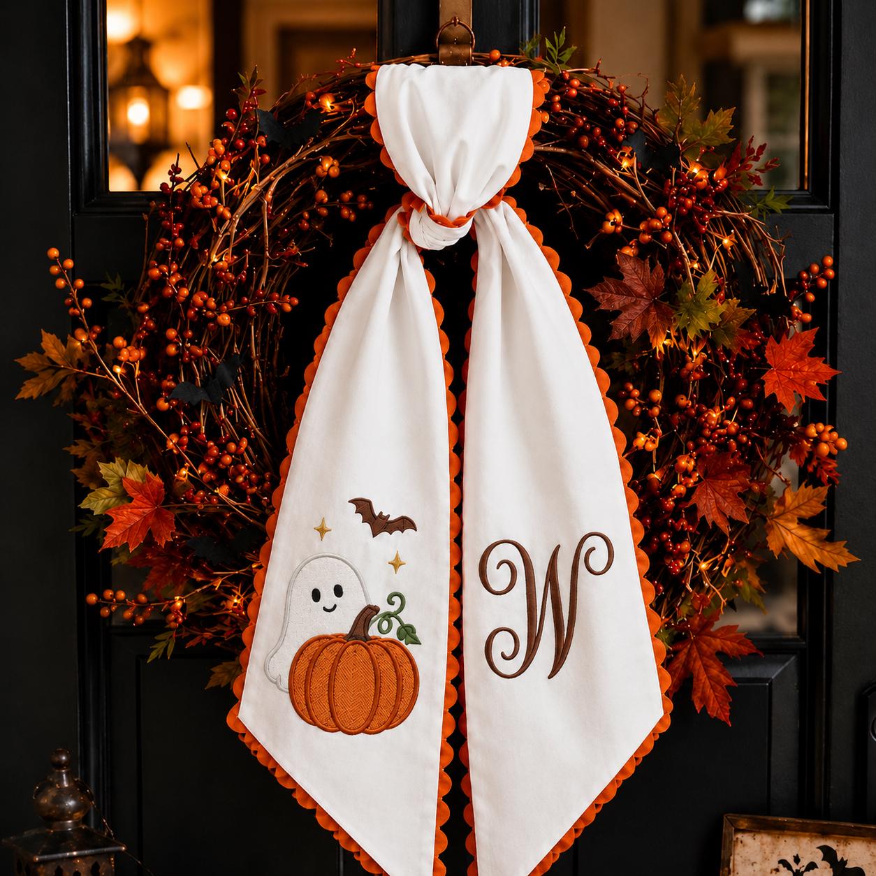Personalized Custom Monogram Ghost and Pumpkin Wreath Sash – Embroidered Halloween Stripe Door Bow for Spooky Front Door Decor - photo 3