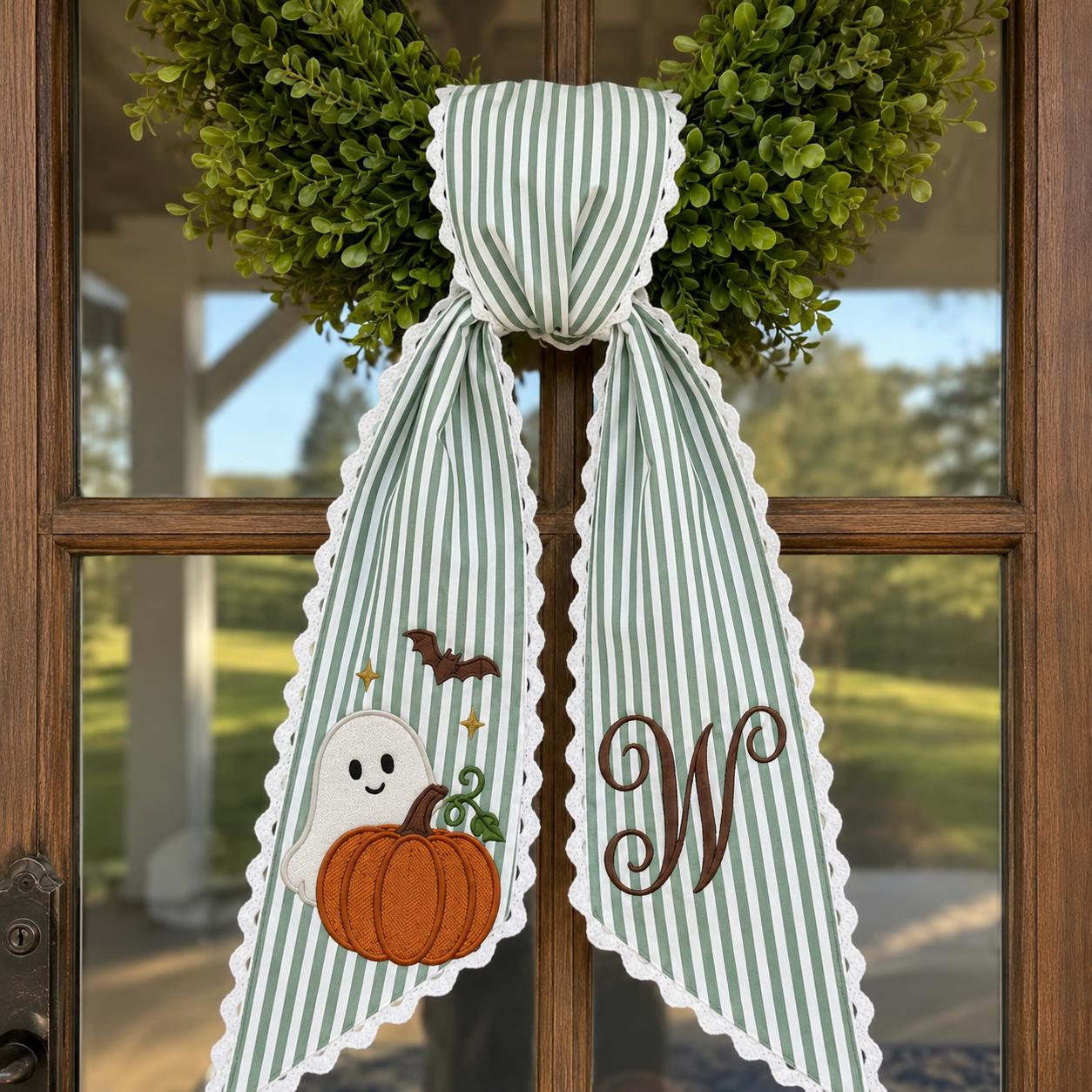 Personalized Custom Monogram Ghost and Pumpkin Wreath Sash – Embroidered Halloween Stripe Door Bow for Spooky Front Door Decor - photo 6