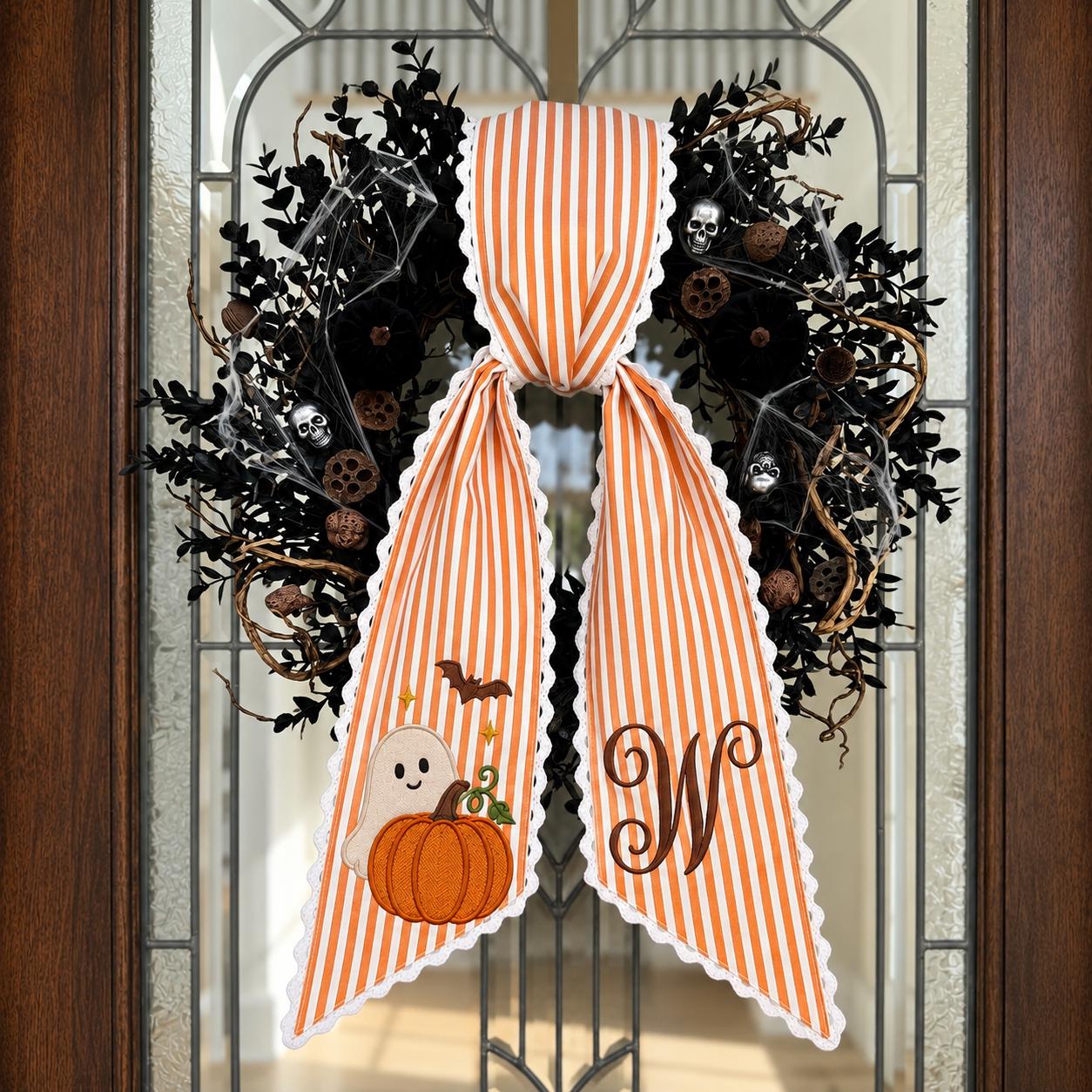 Personalized Custom Monogram Ghost and Pumpkin Wreath Sash – Embroidered Halloween Stripe Door Bow for Spooky Front Door Decor - photo 7