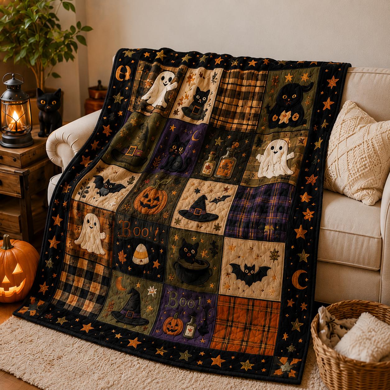 Spooky Ghost and Pumpkin Halloween Quilted Style Throw Blanket – Cozy Rustic Autumn Bedding for Fall Farmhouse Home Decor