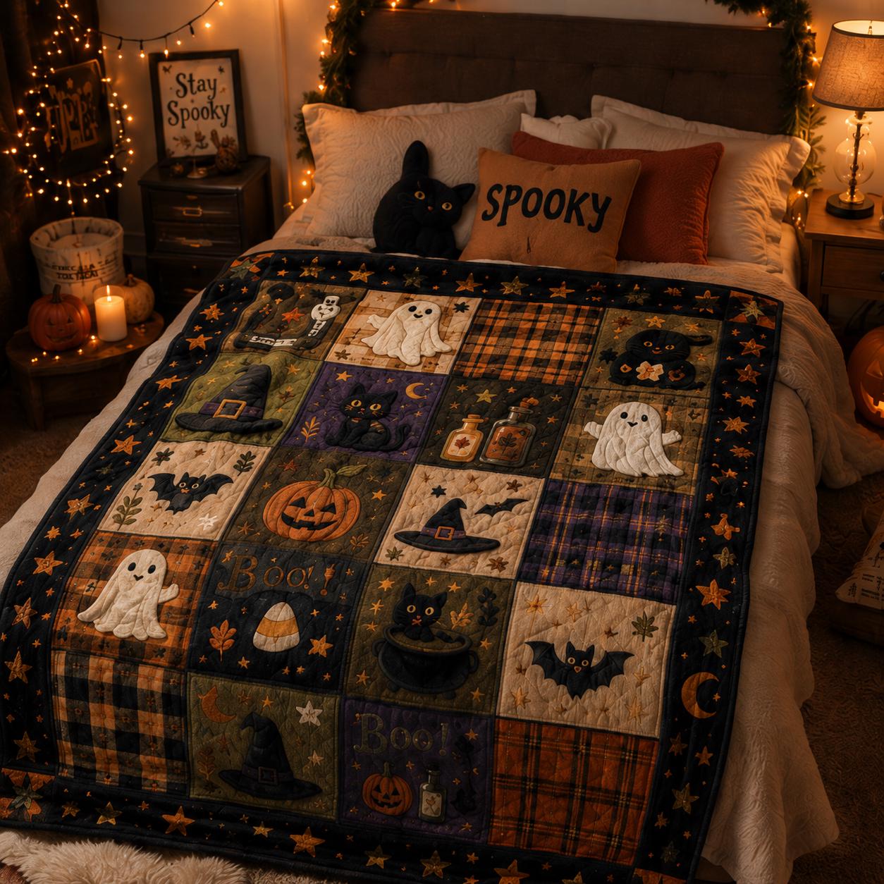 Spooky Ghost and Pumpkin Halloween Quilted Style Throw Blanket – Cozy Rustic Autumn Bedding for Fall Farmhouse Home Decor - photo 2