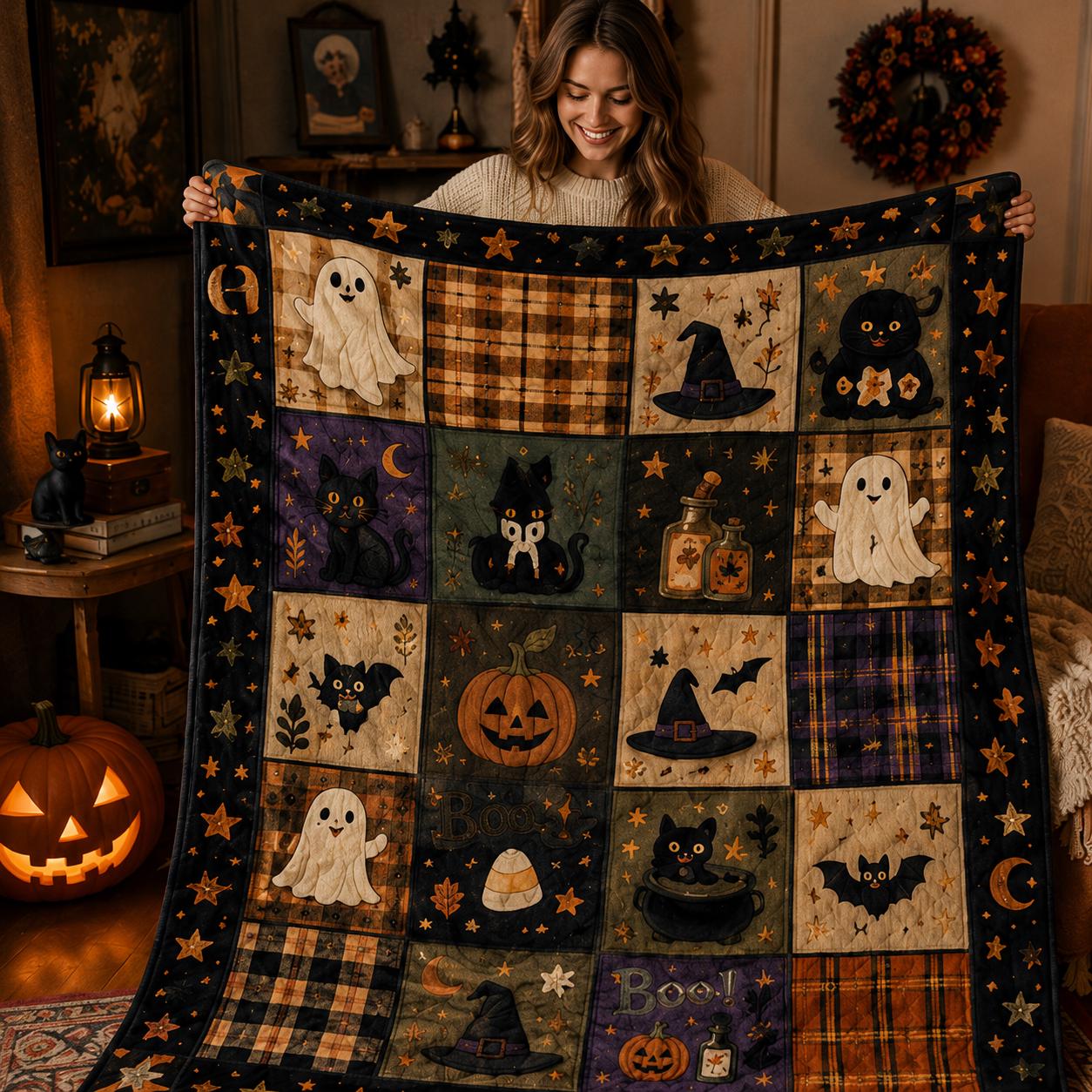 Spooky Ghost and Pumpkin Halloween Quilted Style Throw Blanket – Cozy Rustic Autumn Bedding for Fall Farmhouse Home Decor - photo 3