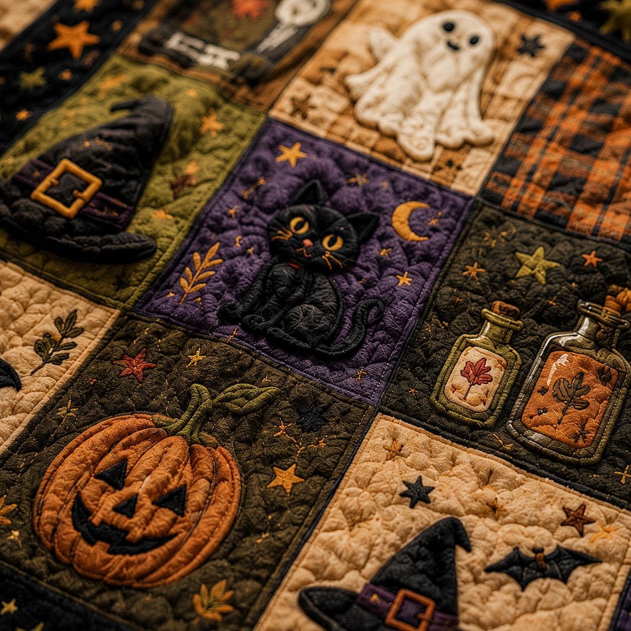 Spooky Ghost and Pumpkin Halloween Quilted Style Throw Blanket – Cozy Rustic Autumn Bedding for Fall Farmhouse Home Decor - photo 4