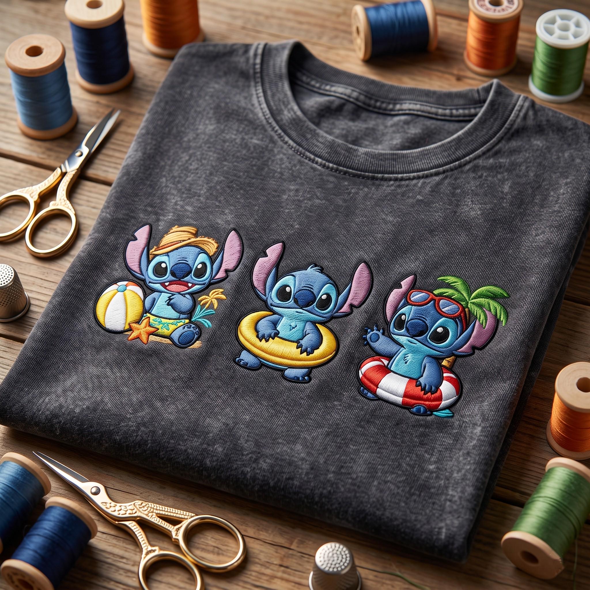 Embroidered Disney Stitch Summer Beach Center Wash Tee for Family Disneyland Vacation and Retro Disney Park Outfit