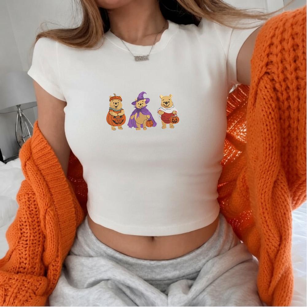 Winnie the Pooh Halloween Embroidered Baby Tee With Cute Bear, Women's Fitted Crop Tee for Fall Disney Inspired Gift